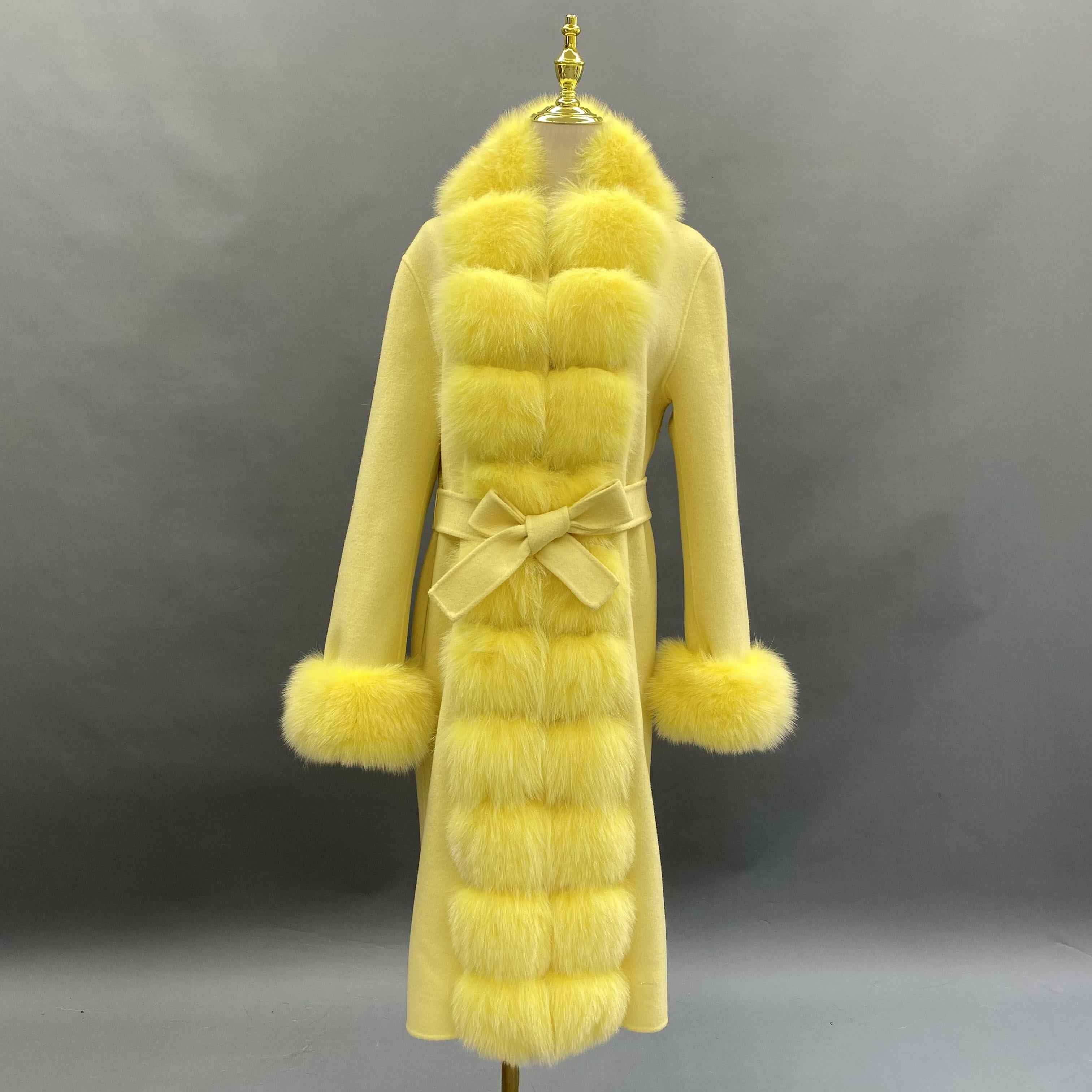 Luxury Cashmere Coat with Tiered Fox Fur Trim and Cuffed Sleeves Yellow