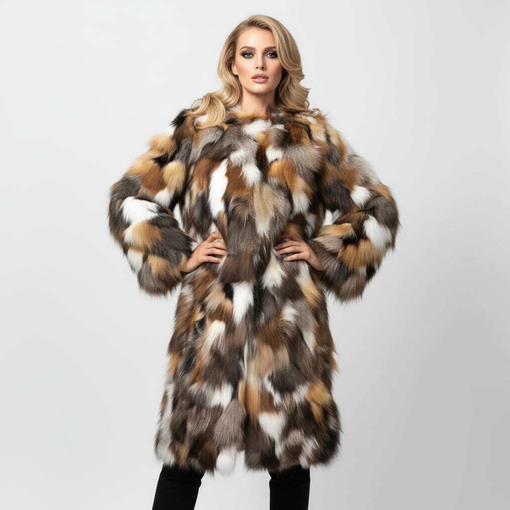 Women's Premium Patchwork Fox Fur Mid-Length Coat - Winter Fashion Warm Luxury Outerwear 1
