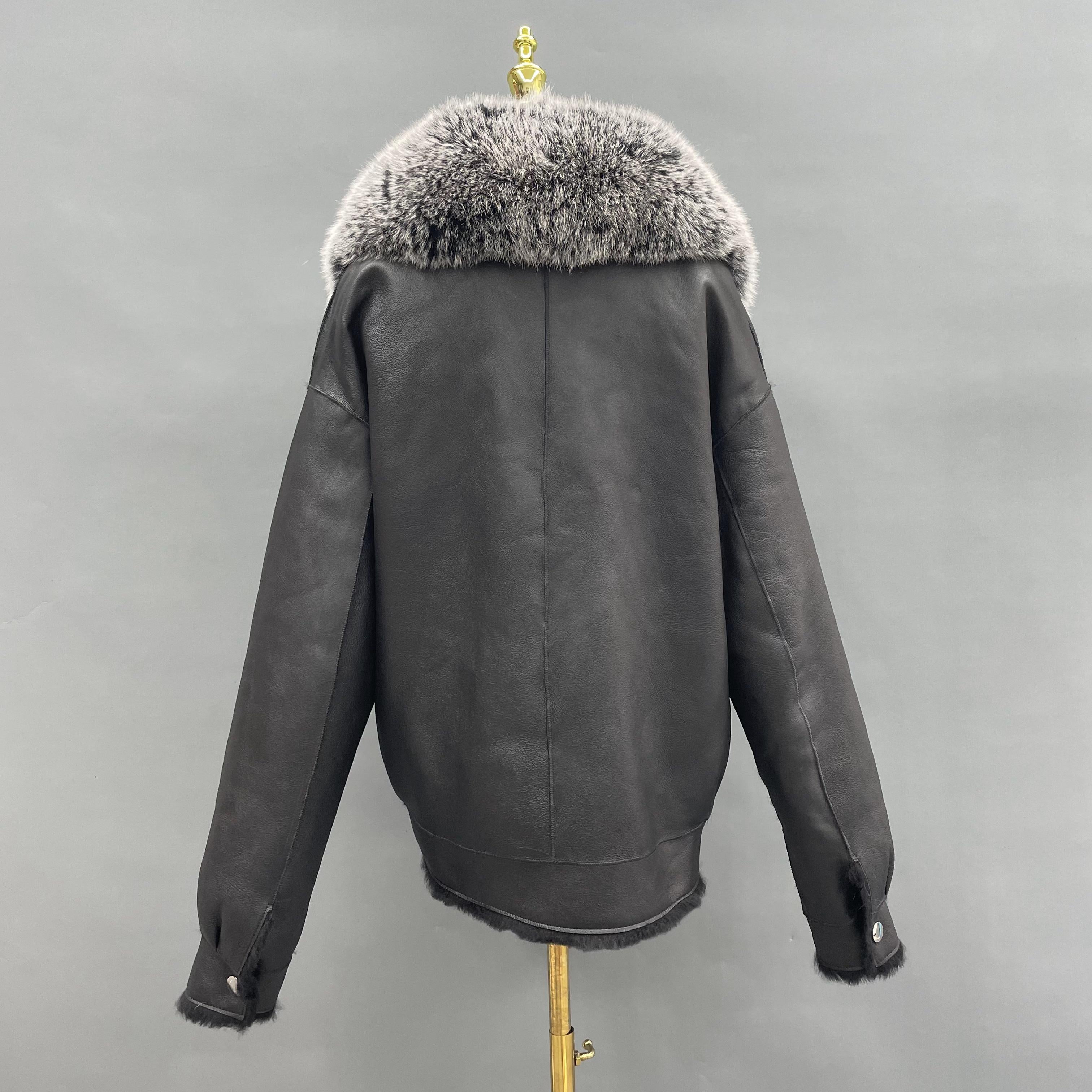 Women's Windproof Shearling Leather Jacket with Oversized Fox Fur Collar - Luxe Winter Outerwear