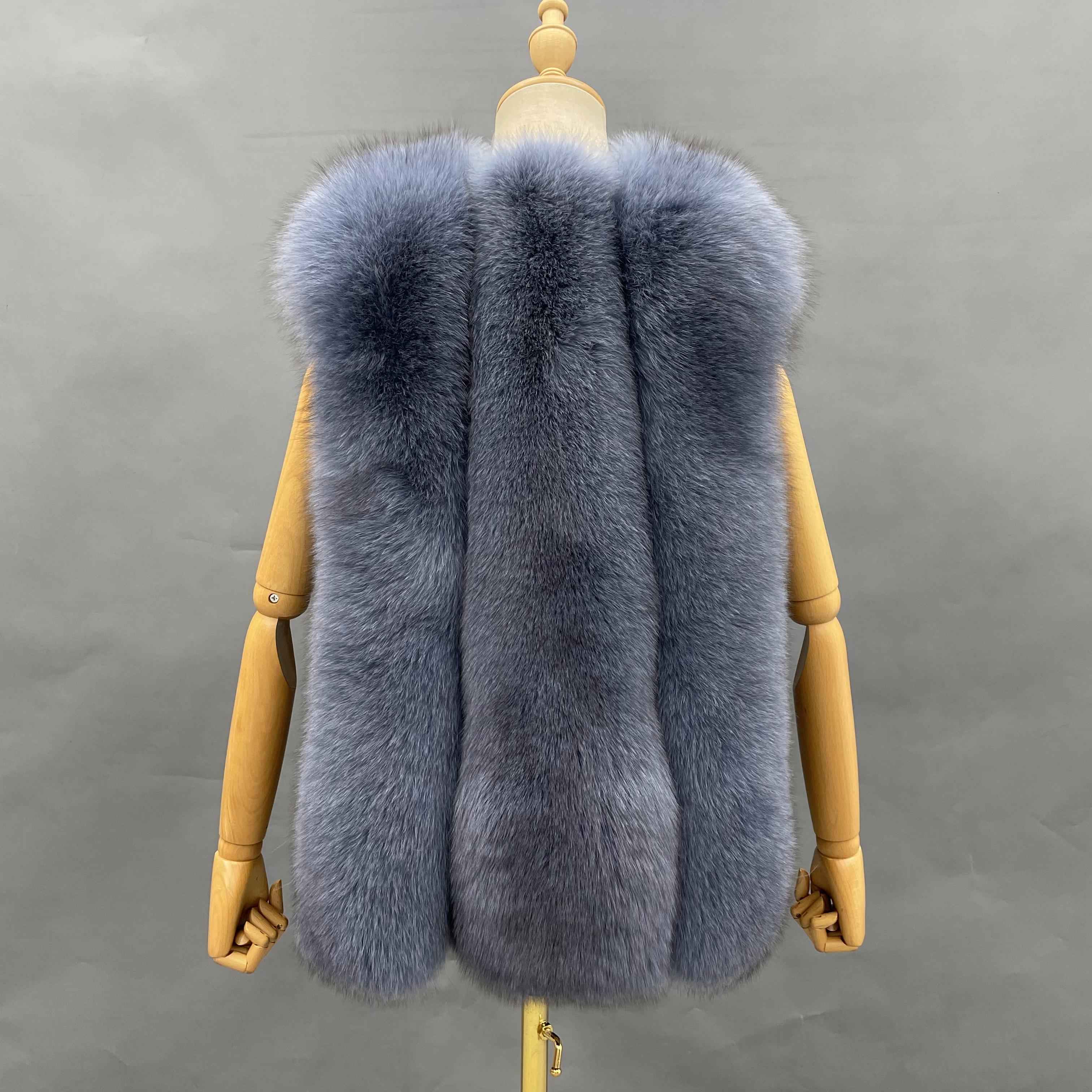 Women's Luxury Fox Fur Coat with Leather Buckle & Flowing Strap - Tufted Detail Designer Outerwear
