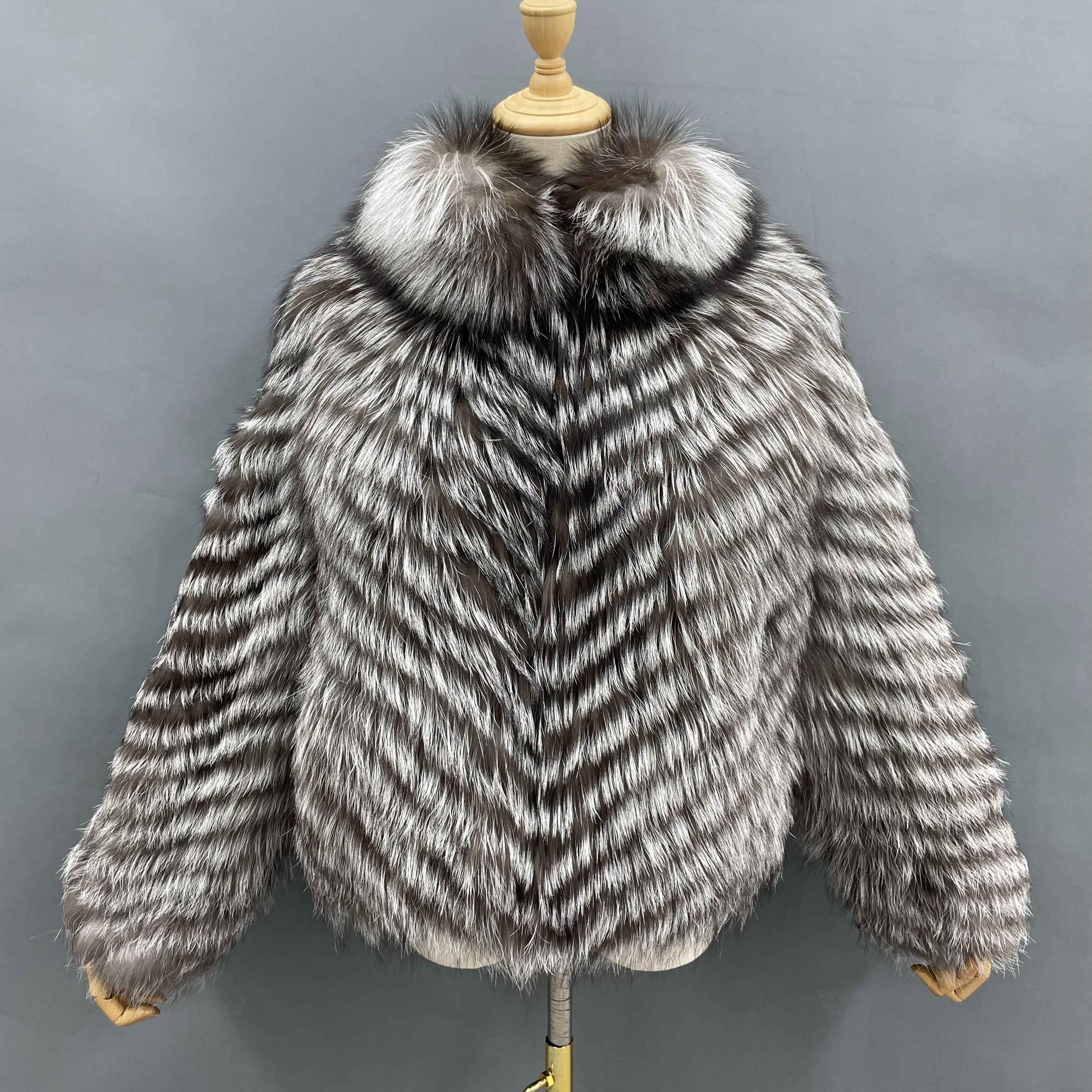 Women's Luxury Silver Fox Fur Jacket - Notched Lapel Chevron Stripe Cropped Winter Fashion Outerwear