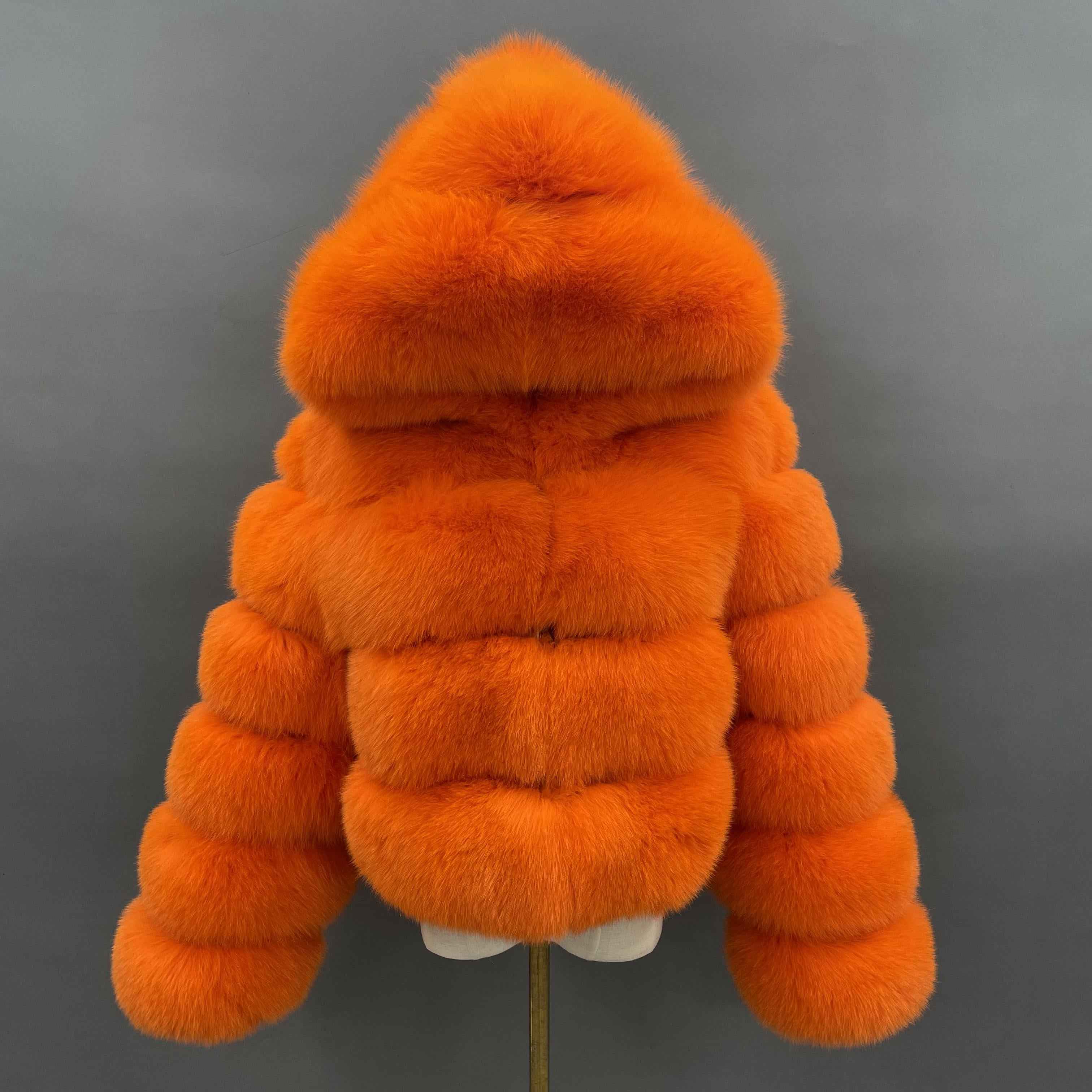 Women's Premium Fox Fur Hooded Short Coat - Layered Design Winter Fashion Warm Jacket Orange