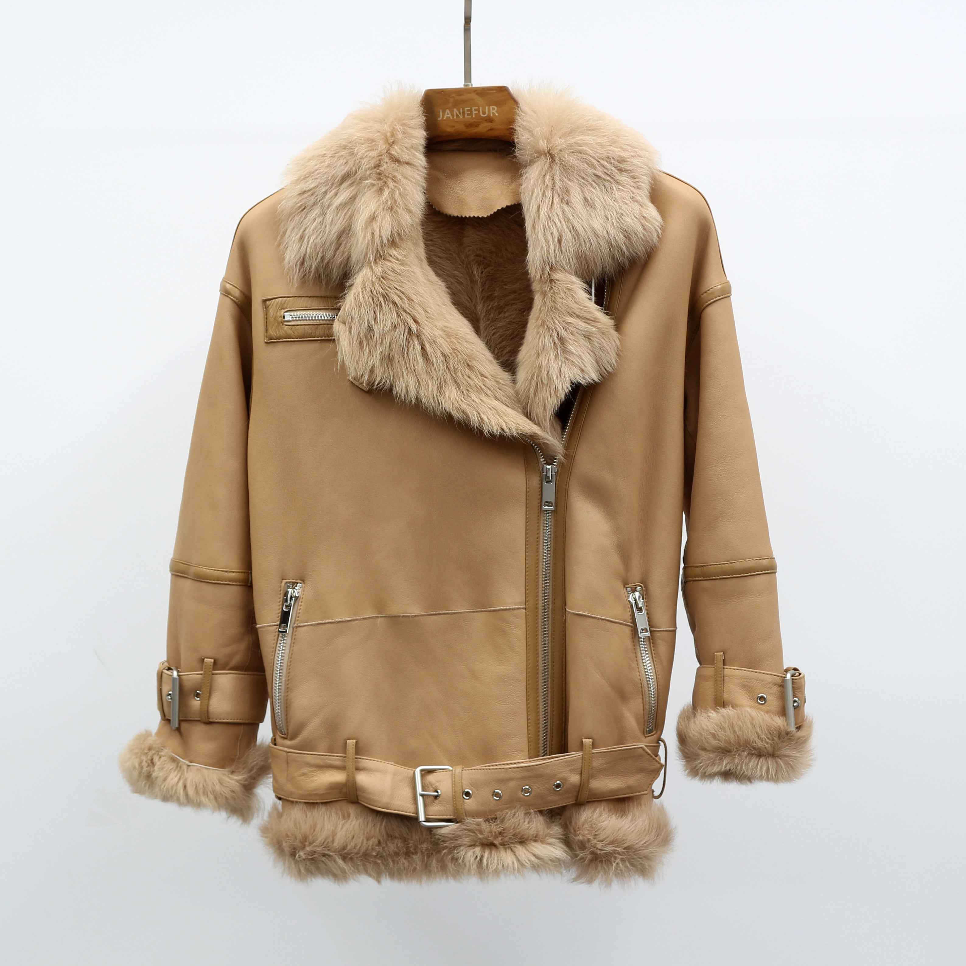 Women's Shearling Leather Jacket with Fox Fur Collar, Leather Buckle Detail at Hem & Cuffs - Luxe Winter Outerwear Khaki