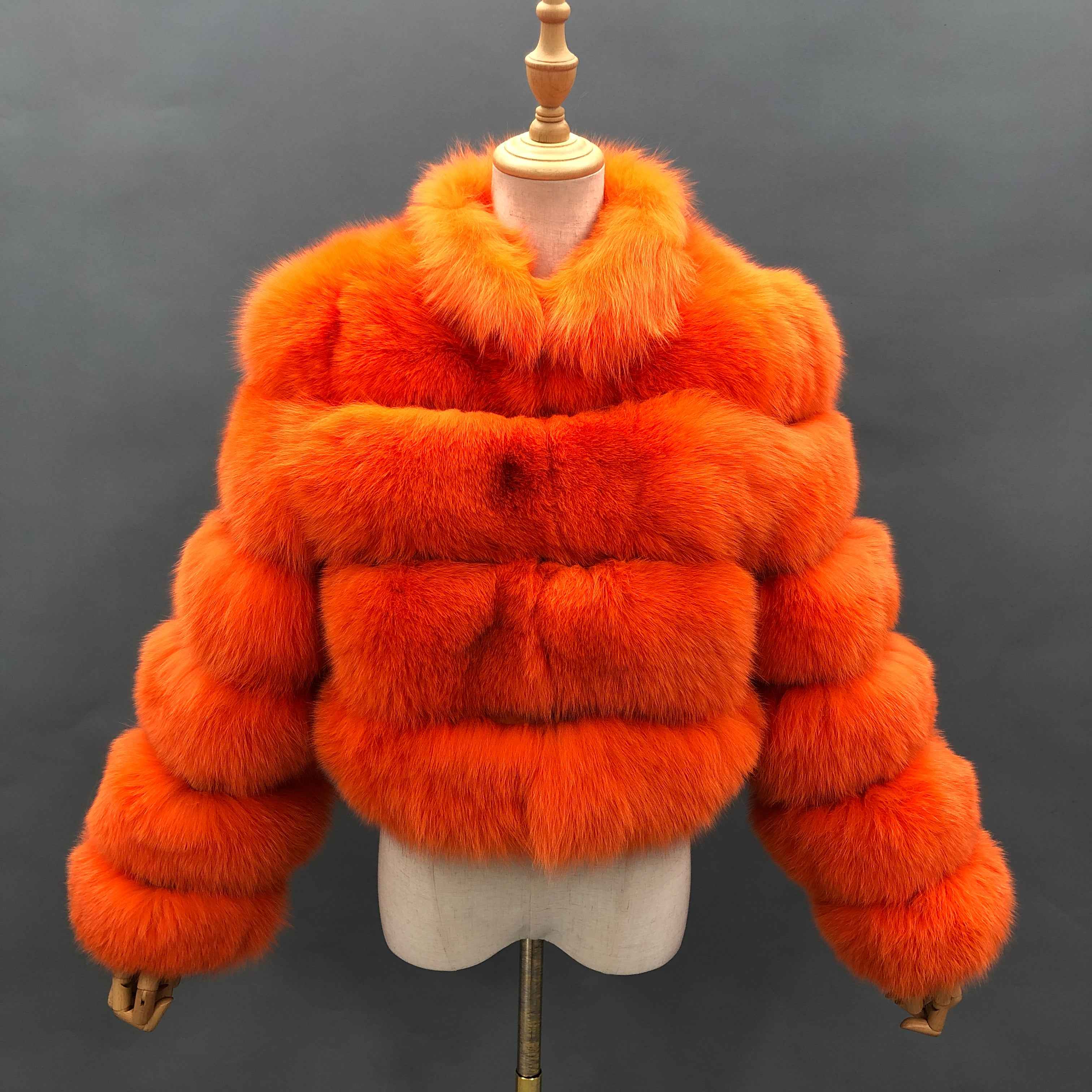 Women's Luxury Cropped Fox Fur Jacket - Layered Stand Collar Winter Fashion Statement Outerwear Orange