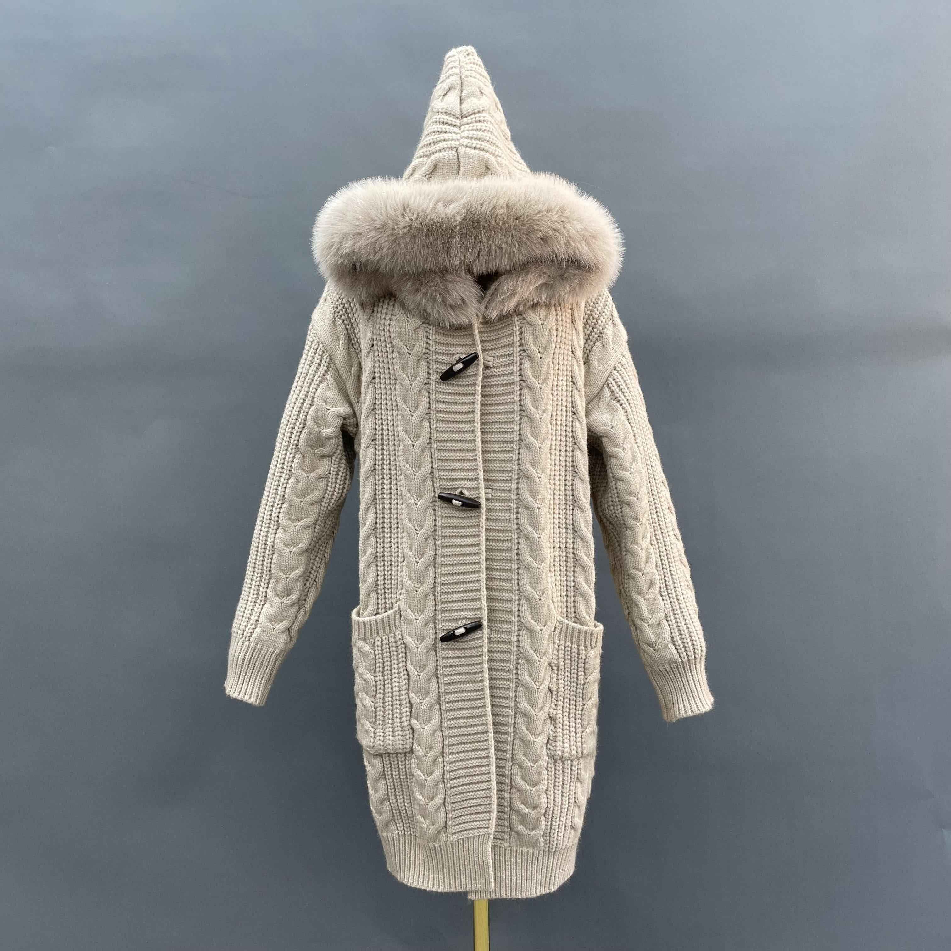 Women's Hooded Cable-Knit Cardigan with Toggle Buttons & Fur-Trimmed Hood - Cozy Winter Knitwear White F CUSTOMIZED THE FUR