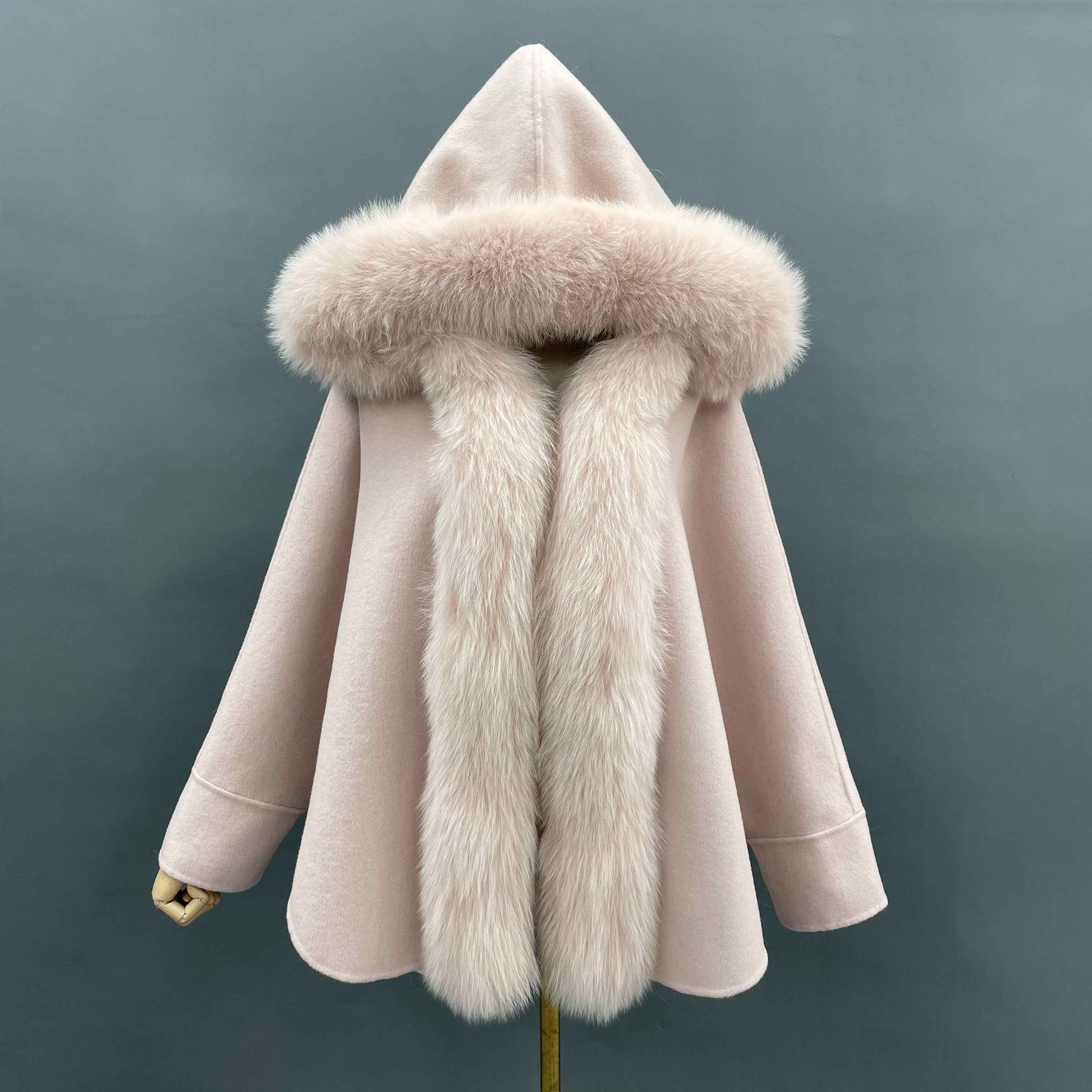 Women's Batwing Sleeve Cape-Style Double-Faced Wool Coat with Fox Fur Trim - Elegant Winter Statement Outerwear Pink F