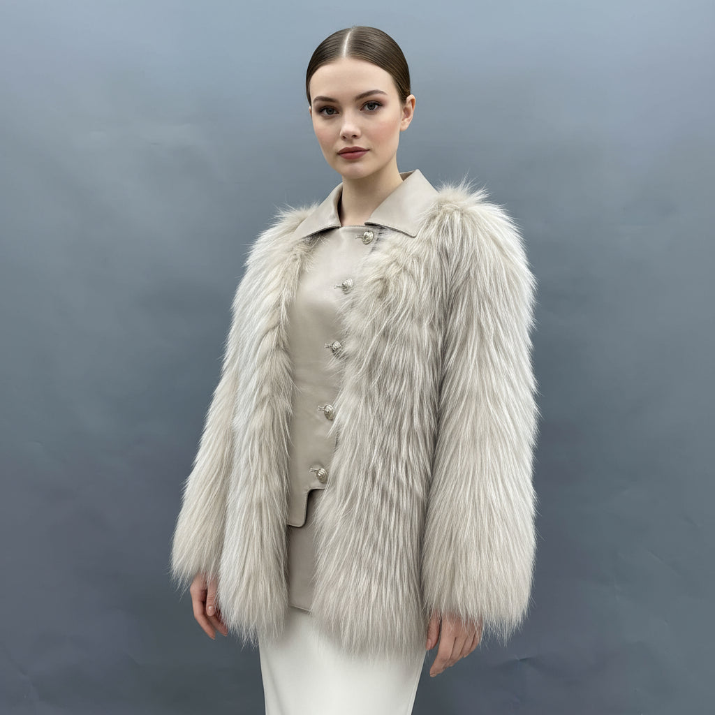 Women's Beige Raccoon Fur Jacket - Notched Lapel Asymmetric Placket Daily Wear Winter Outerwear Beige F