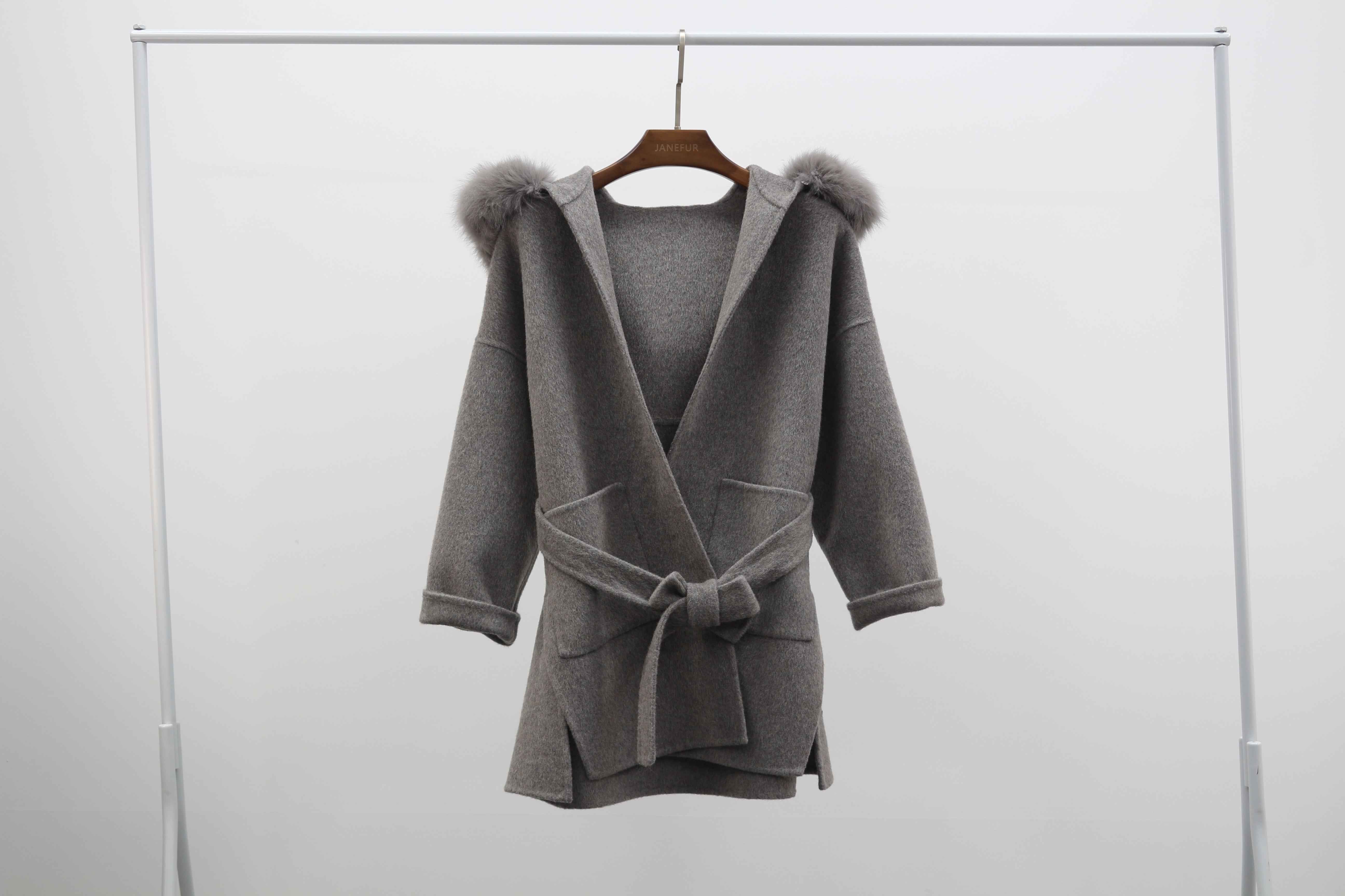 Women's Oversized Gray Wool Blend Coat with Fox Fur Hood Trim, Belted Long Winter Jacket for Casual Outfits Dark Gray