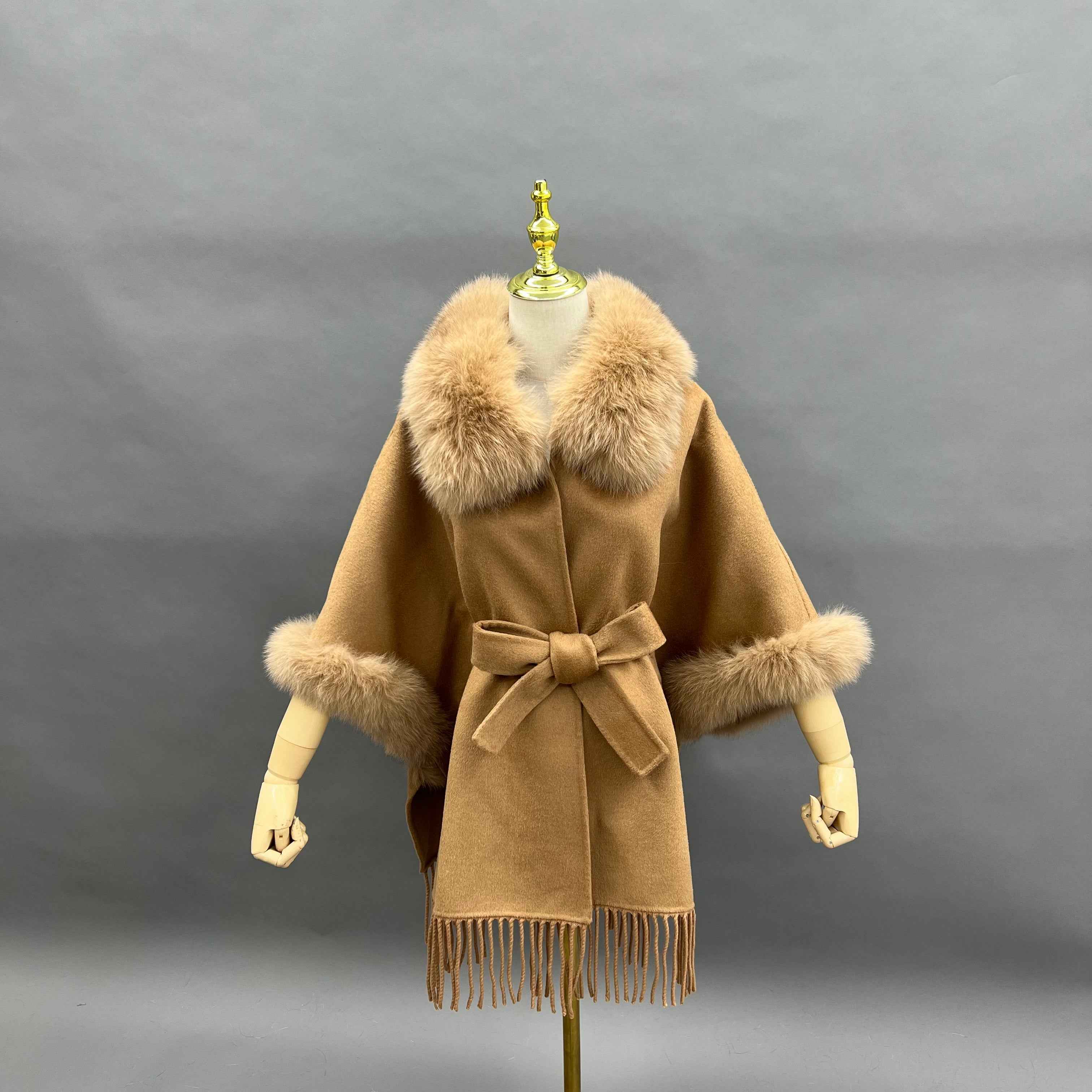 Hooded Double - Faced Wool Cape Coat with Fox Fur Trim and Fringe Hem