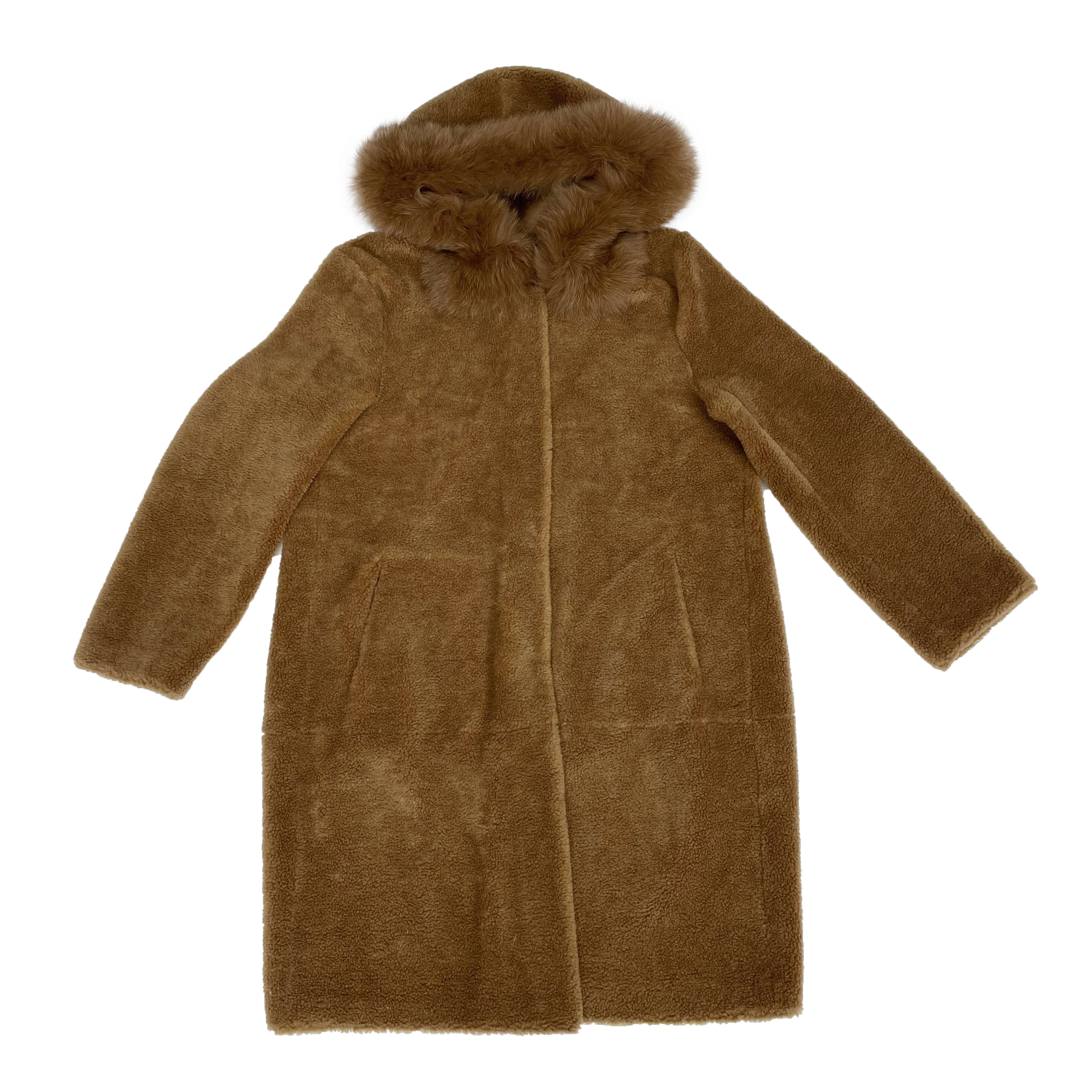Women's Camel Shearling Long Coat with Fox Fur Trim Hood - Luxe Winter Outerwear