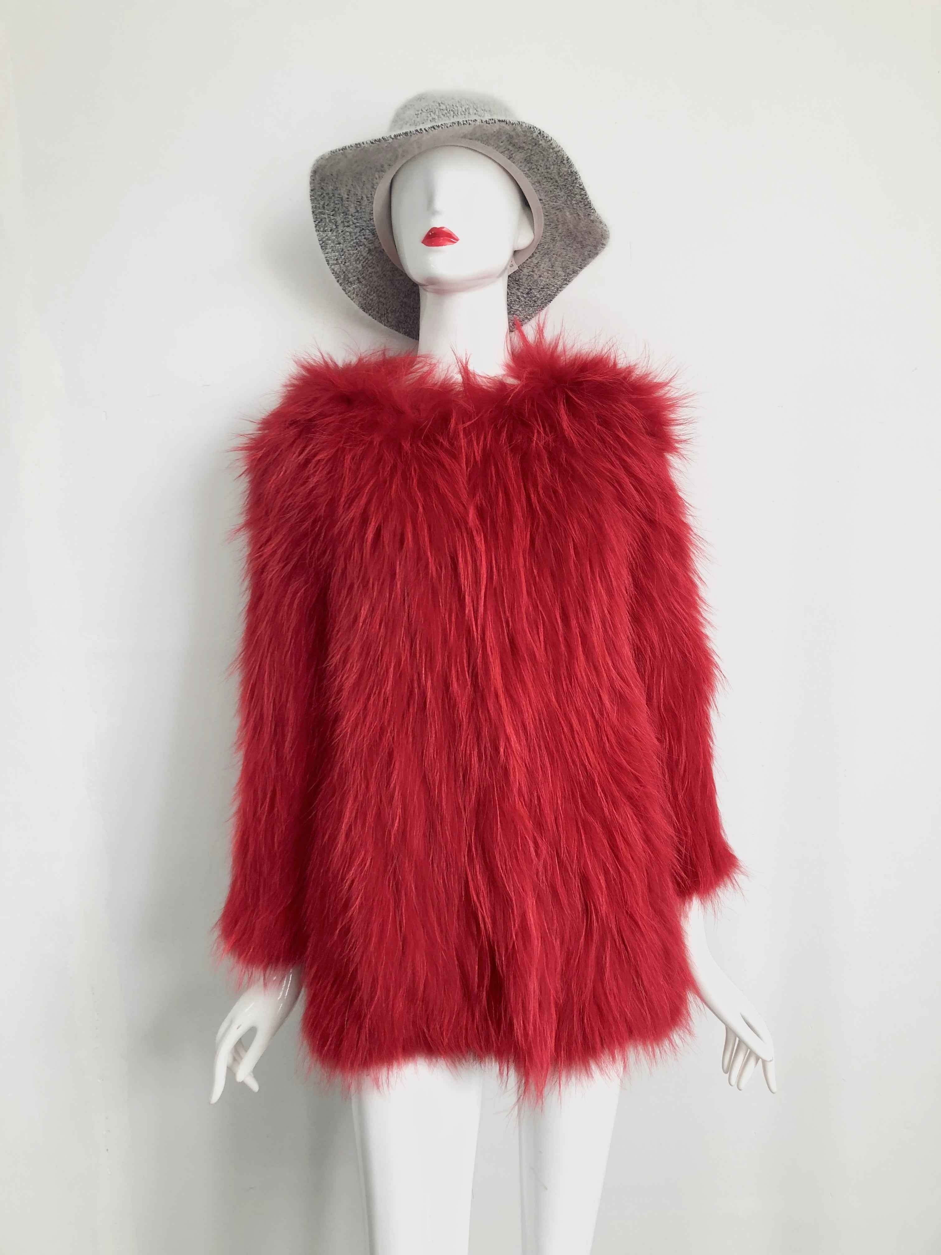 Women's Knitted Raccoon Dog Fur Mid-Length Coat - Luxurious Winter Outerwear