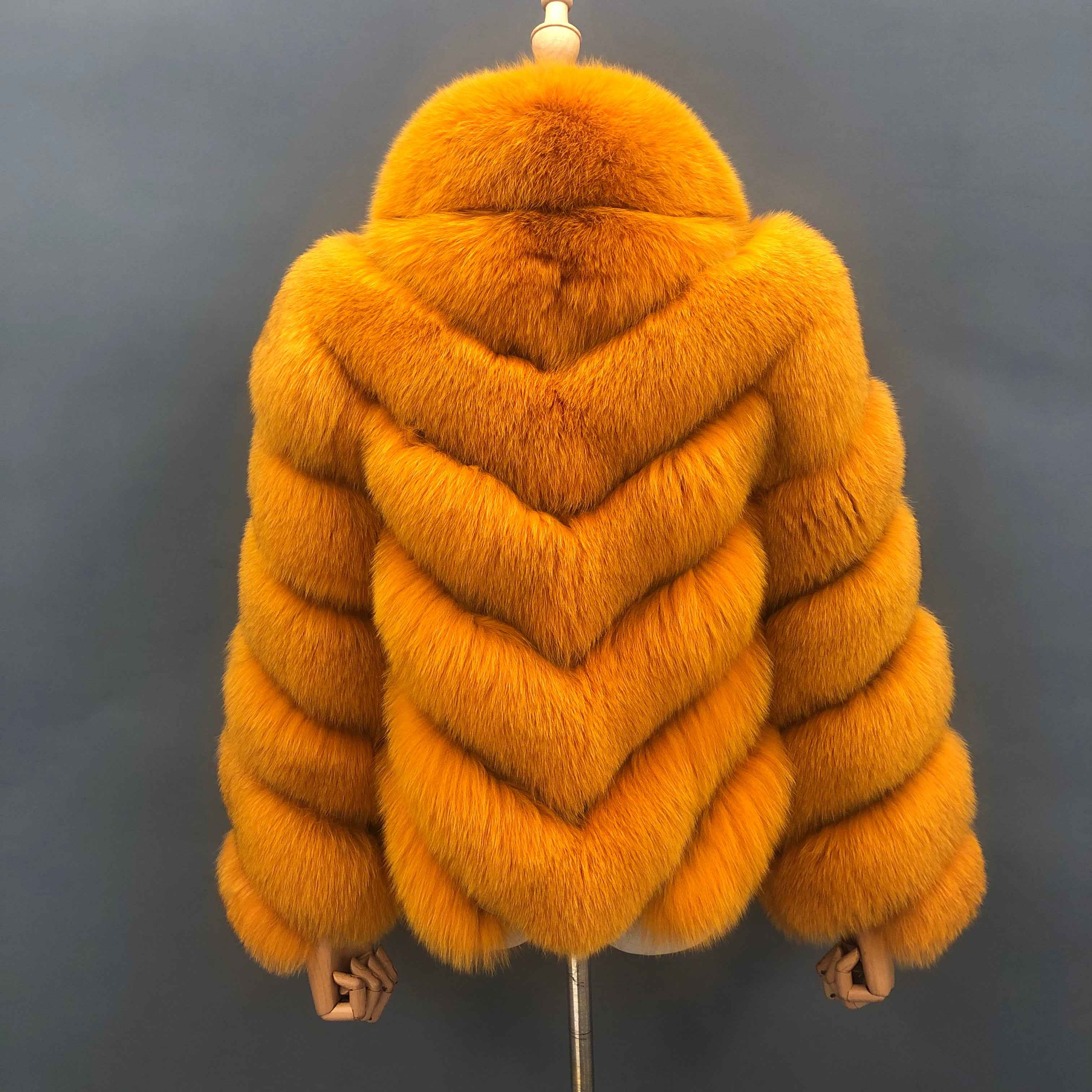 Janefur Fox Fur Coat with Chevron Stripe & Notched Collar - Short Winter Jacket