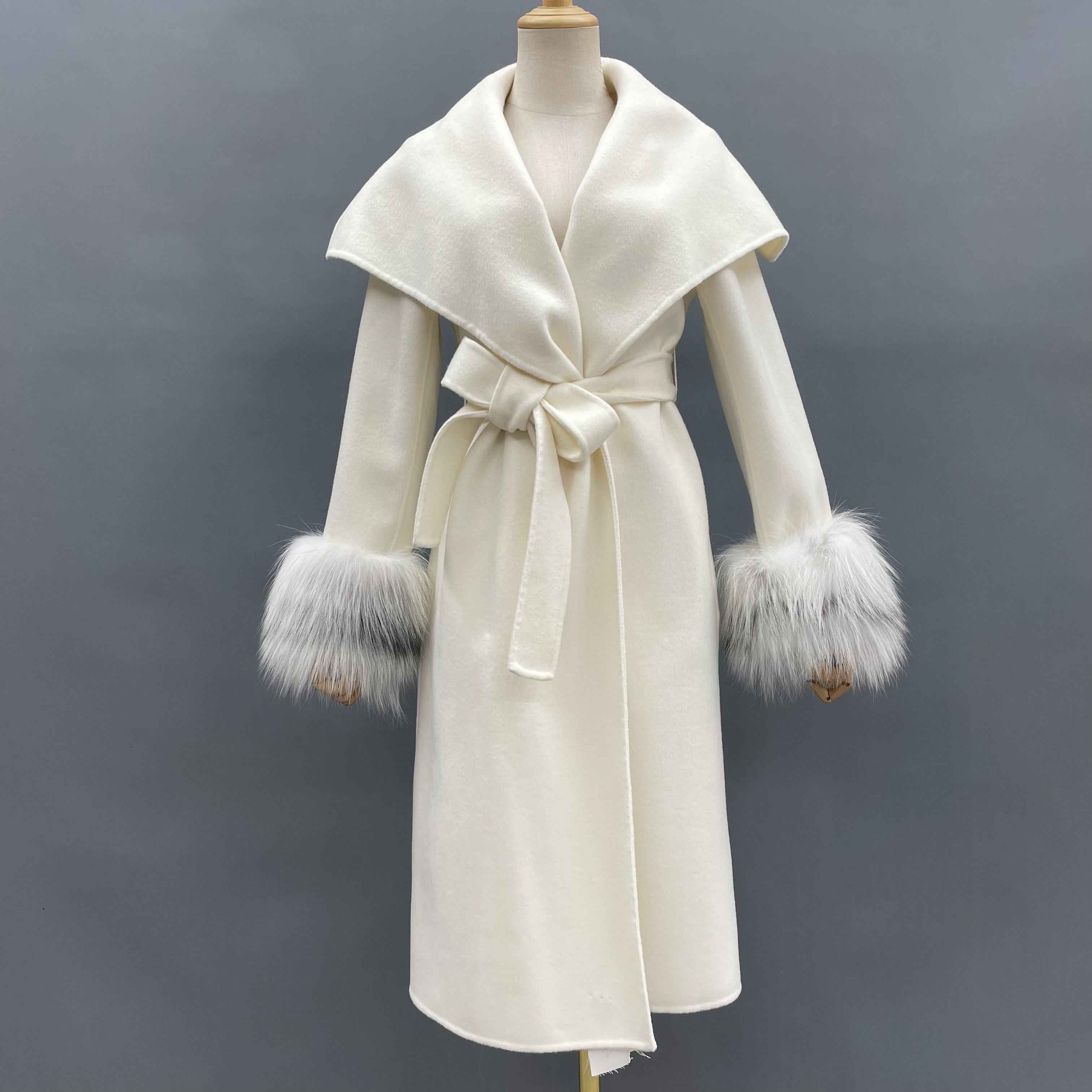 Women's Oversized Shawl Collar Double-Faced Wool Coat with Fox Fur Cuffs & Self-Tie Belt - Knee-Length Luxury Winter Outerwear White