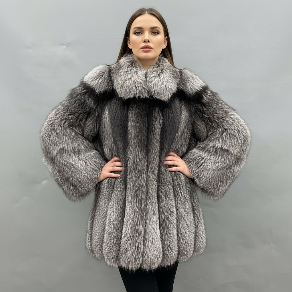 Women's Luxury Silver Fox Fur Coat - Notched Lapel Mid-Length Winter Fashion Warm Outerwear