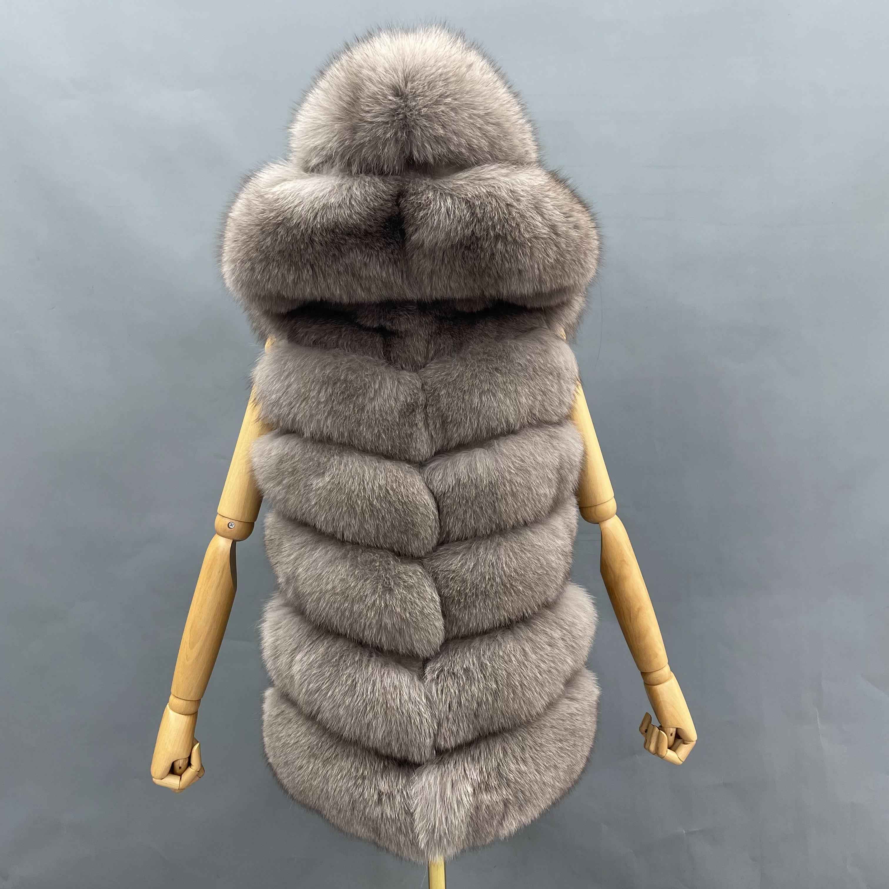 Women's 6-Panel Hooded Fox Fur Vest - Classic Versatile Winter Essential Outerwear Dark Sliver