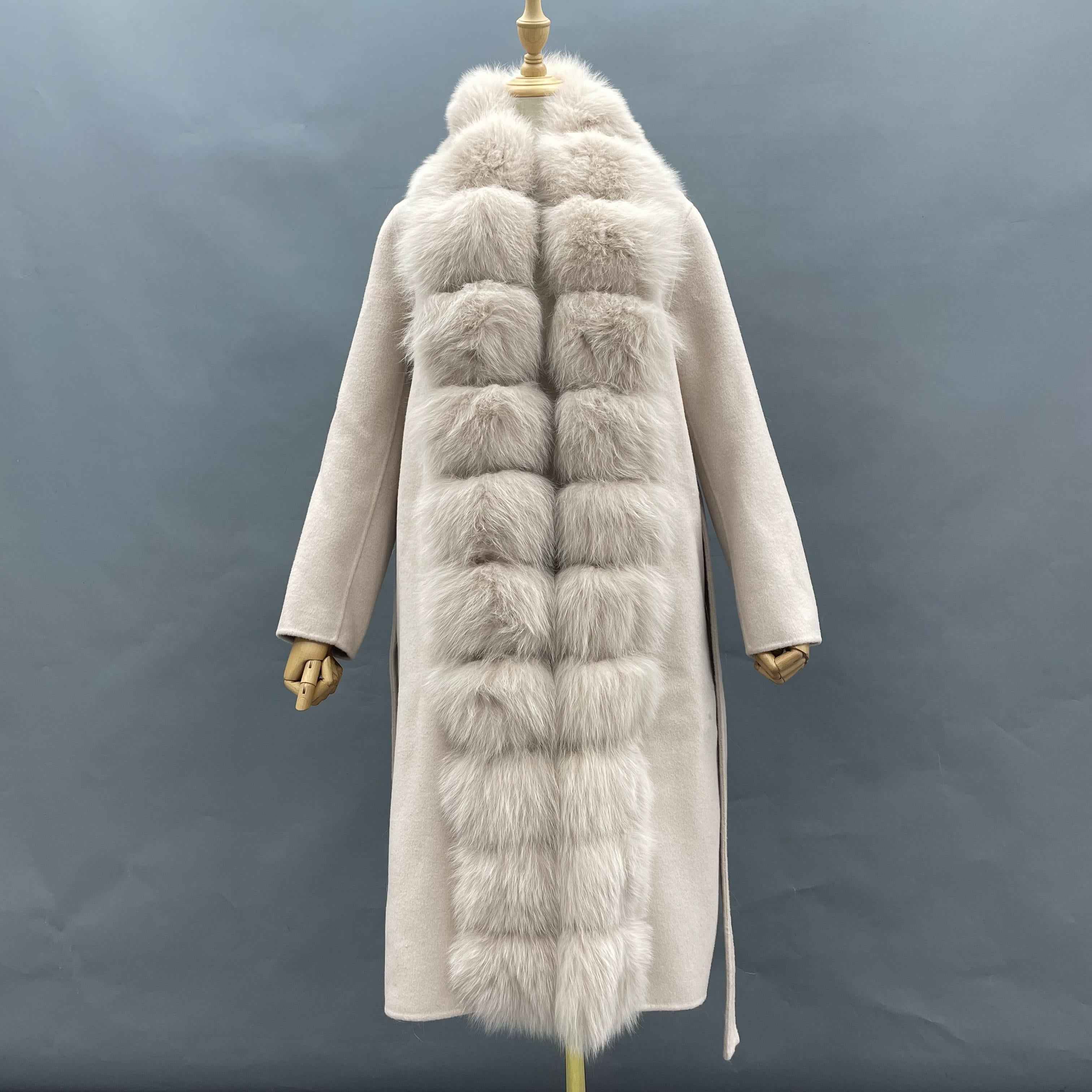 Luxury Wool Coat with Tiered Fox Fur Trim Front Closure – Elegant Long Double-Faced Overcoat Beige