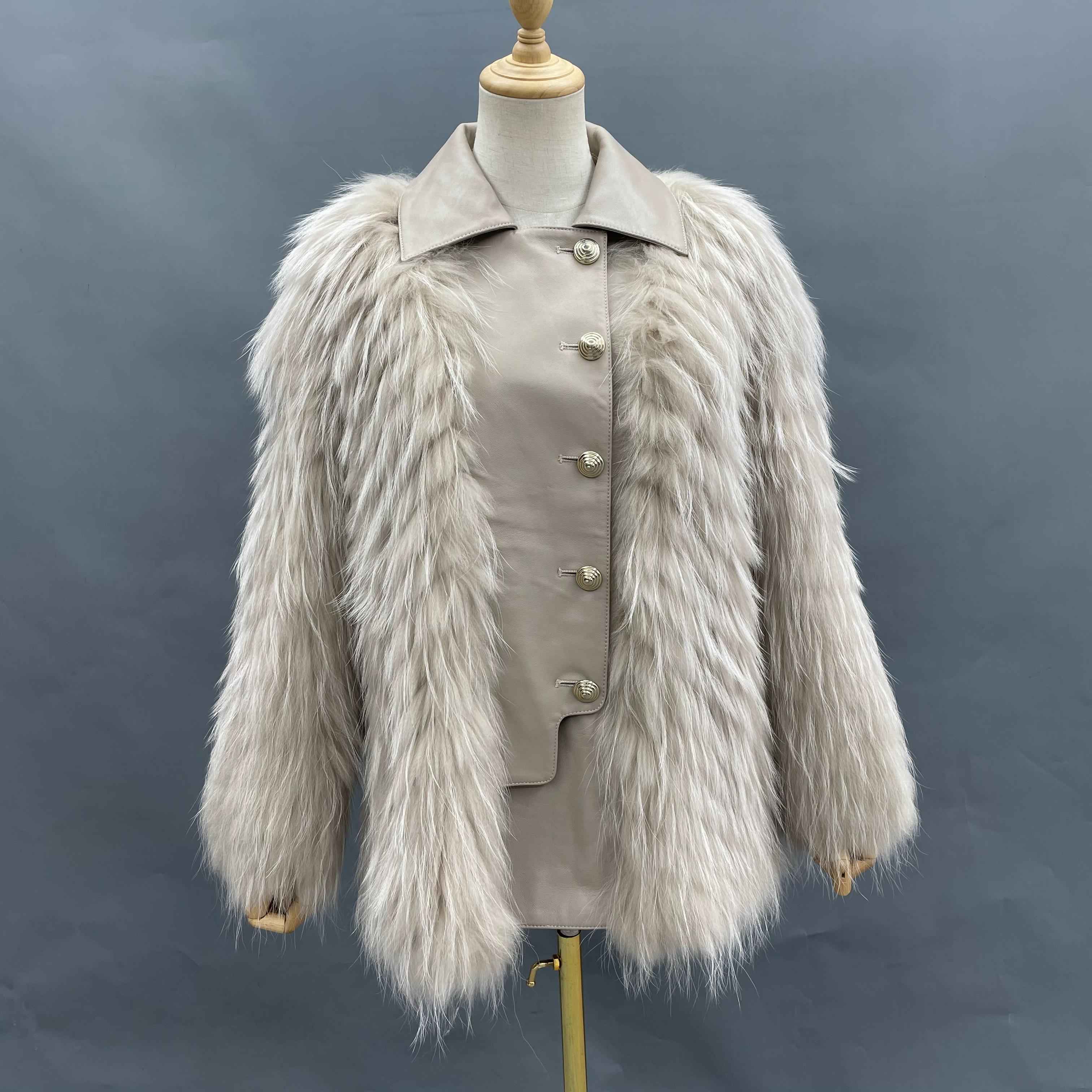 Women's Beige Raccoon Fur Jacket - Notched Lapel Asymmetric Placket Daily Wear Winter Outerwear