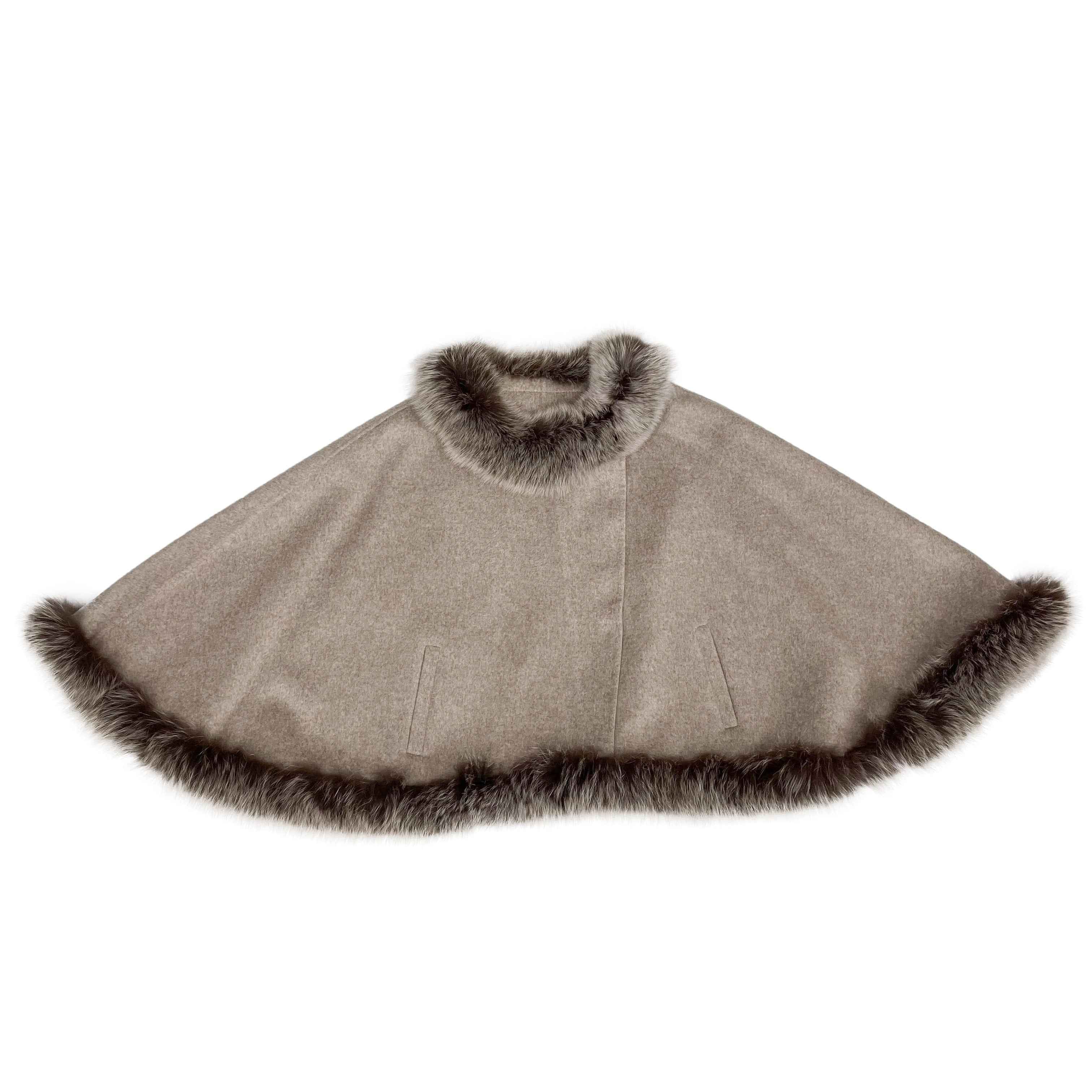 Women's French Designer Style Double-Faced Wool Cape with Fox Fur Trim at Hem - Elegant Luxury Winter Outerwear