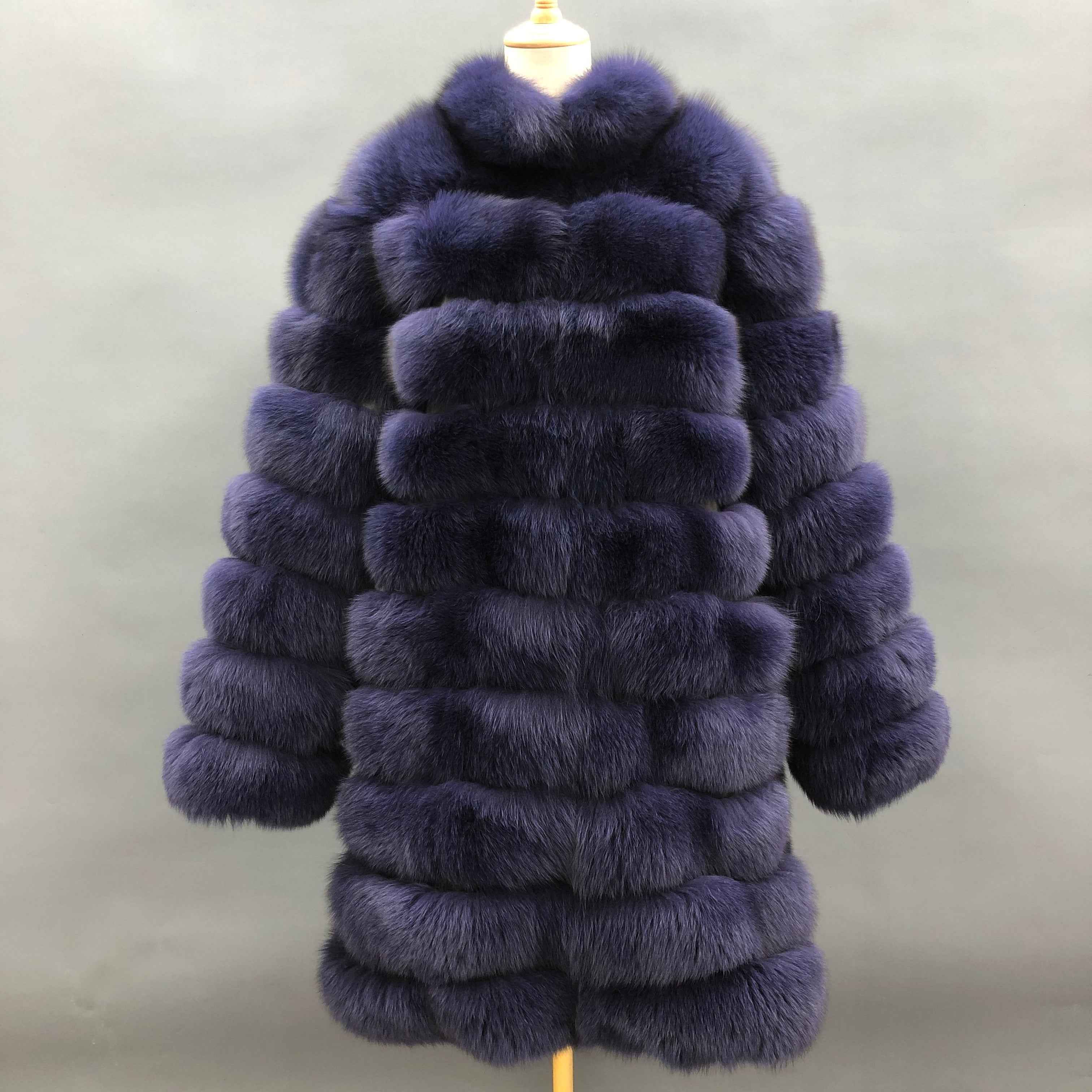 Vintage 10 - Panel Horizontal Stripe Stand Collar Fox Fur Coat - Winter Warm Outerwear Navy
