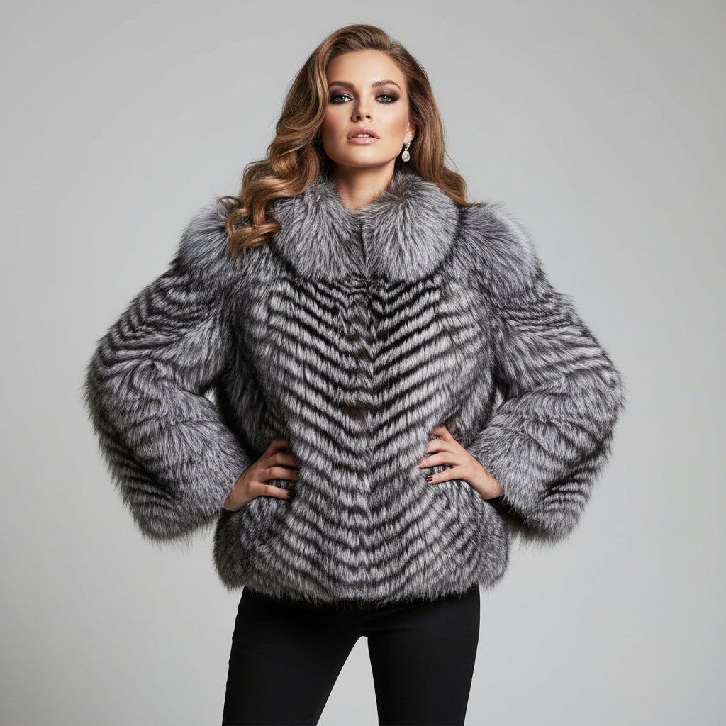 Women's Luxury Silver Fox Fur Jacket - Notched Lapel Chevron Stripe Cropped Winter Fashion Outerwear Sliver