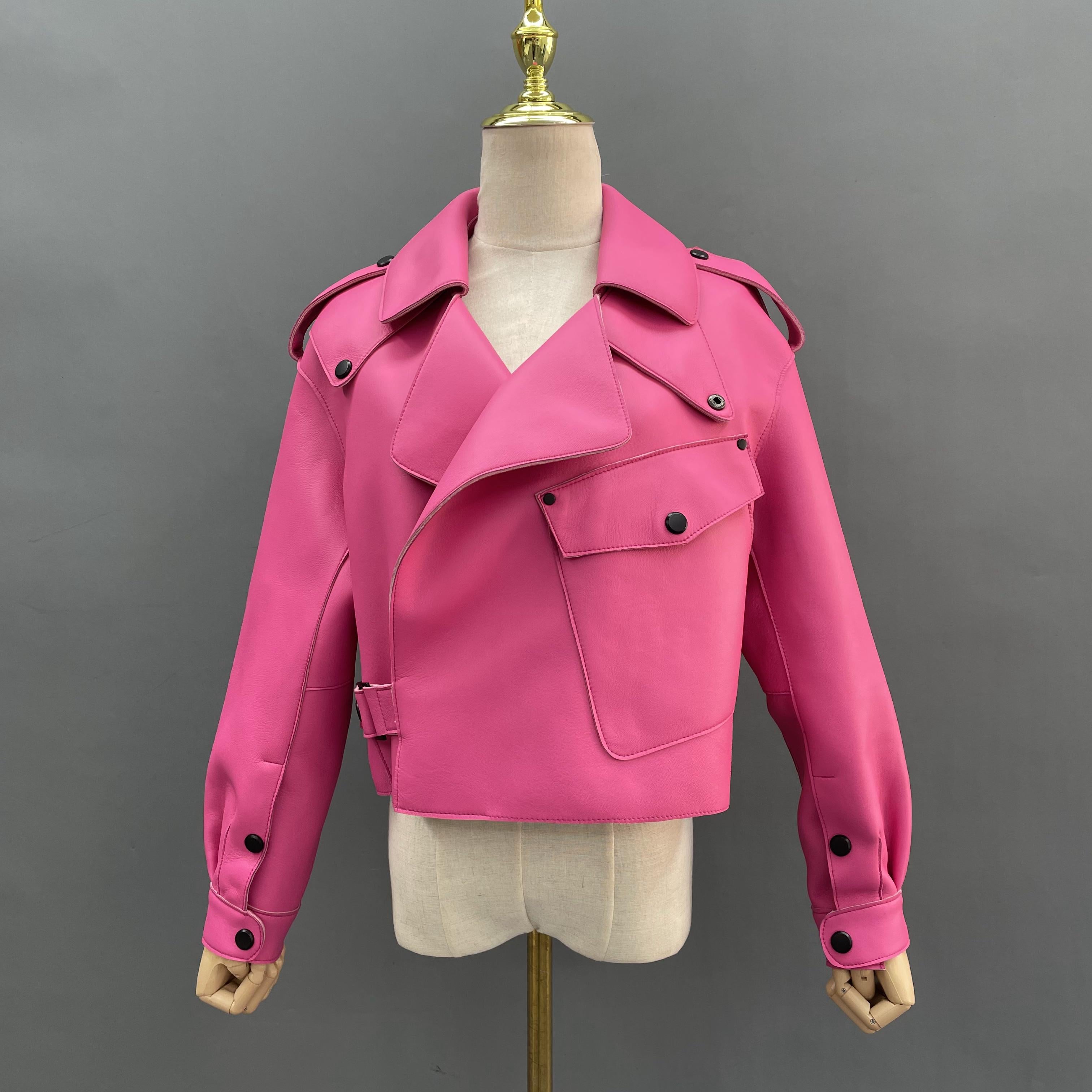 New Vertical Insert Pocket Leather Jacket Hot Pink