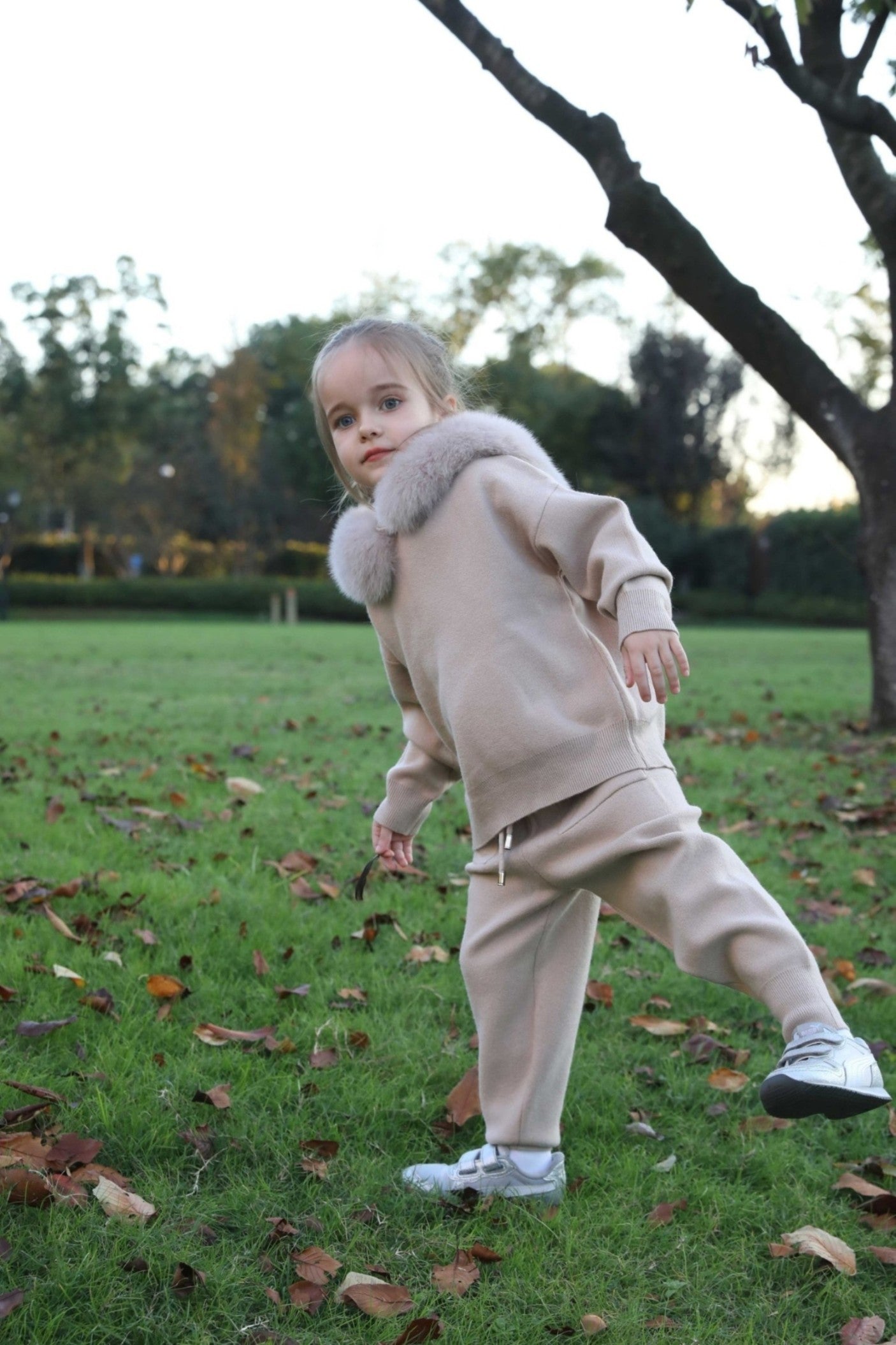 Children's Suit Fall and Winter Fur Collar Hooded Knit Sweatshirt Set