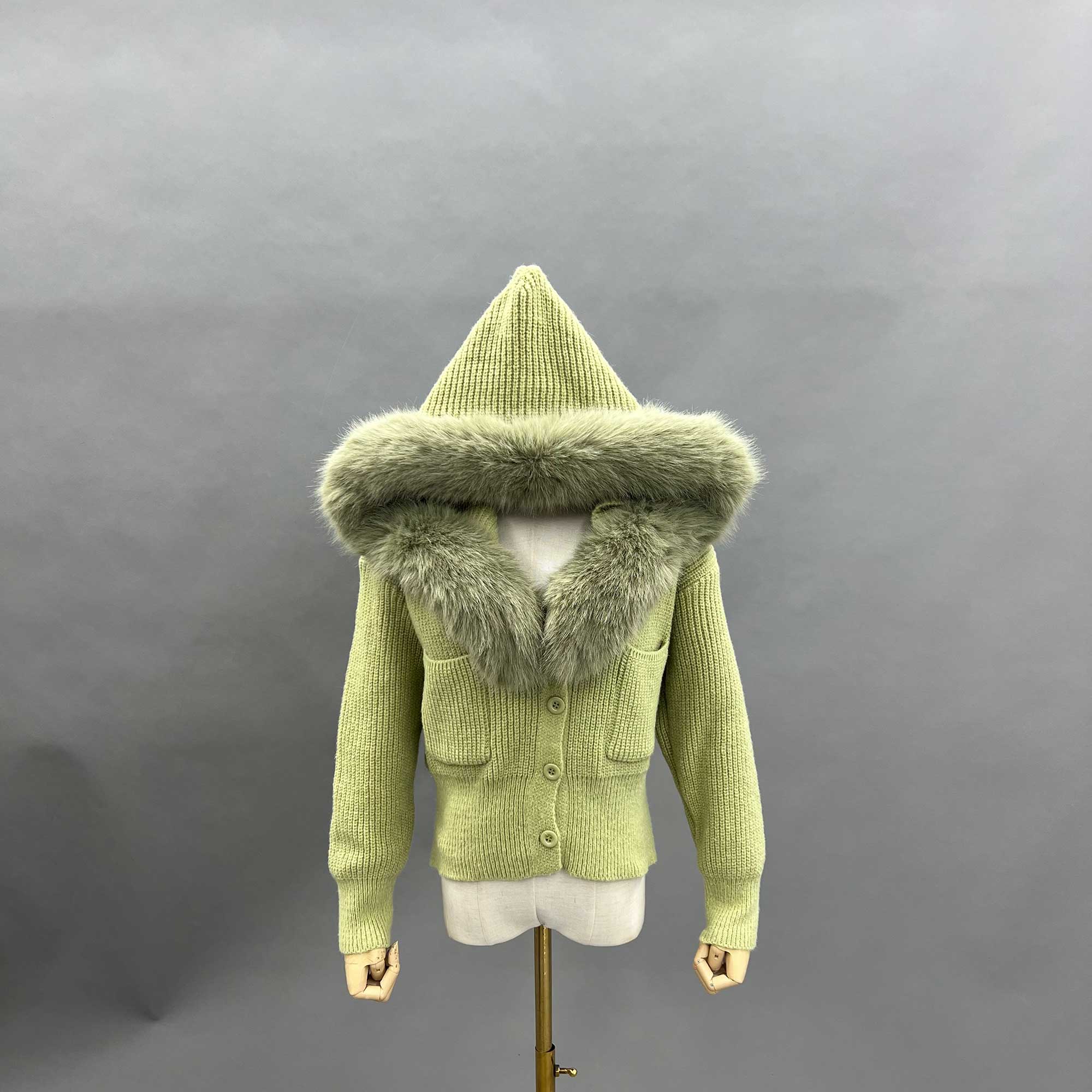 Janefur Cropped Knit Button Jacket with Faux Fur Collar Womens Knit Cardigan Sweaters Light Green F-chest 104cm
