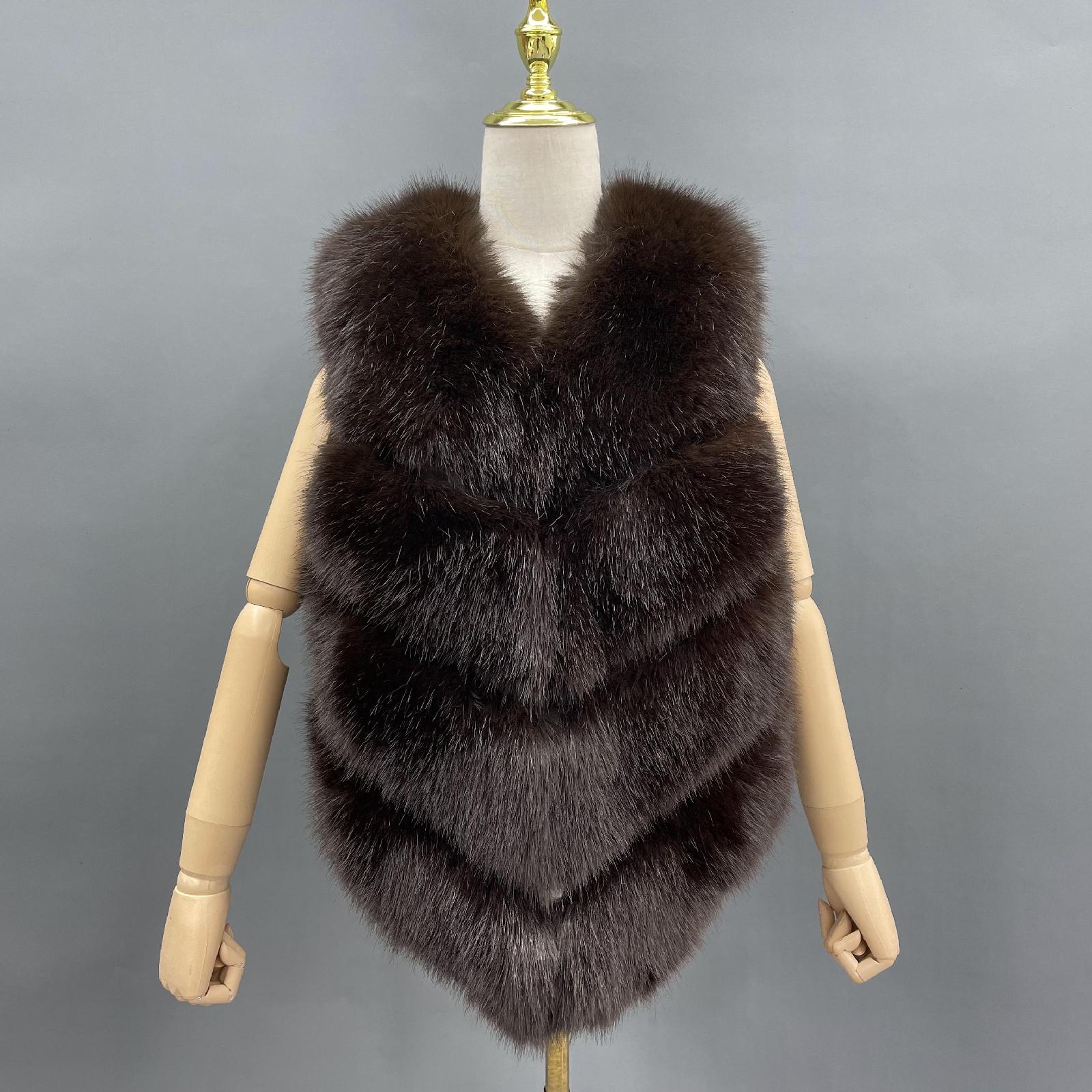 Women's Spring and Autumn Diagonal Striped Faux Fur Vest Solid Color Eco Fur Waistcoat Brown