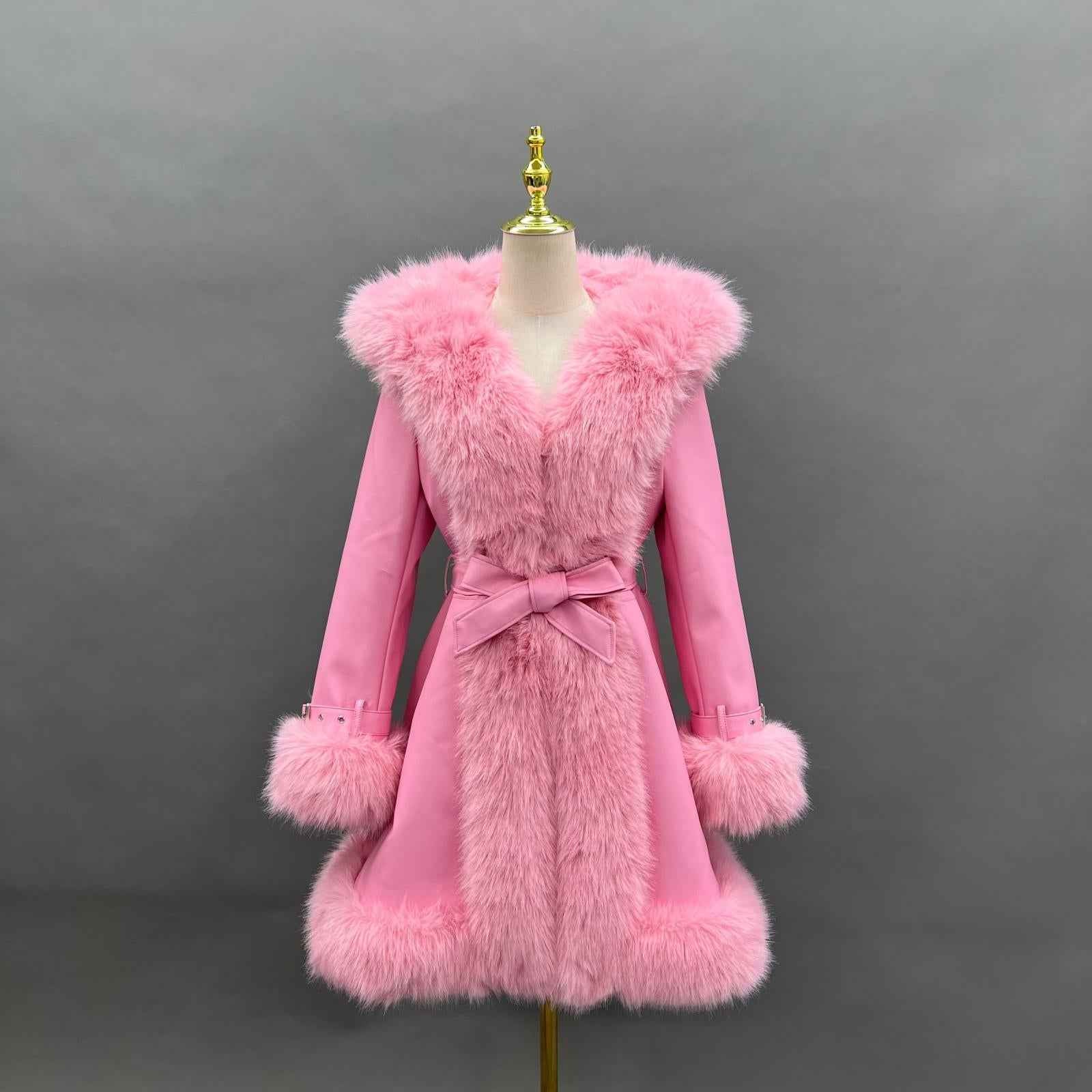 Eco-Friendly Leather and Fur Women's Long Belted Hooded Coat