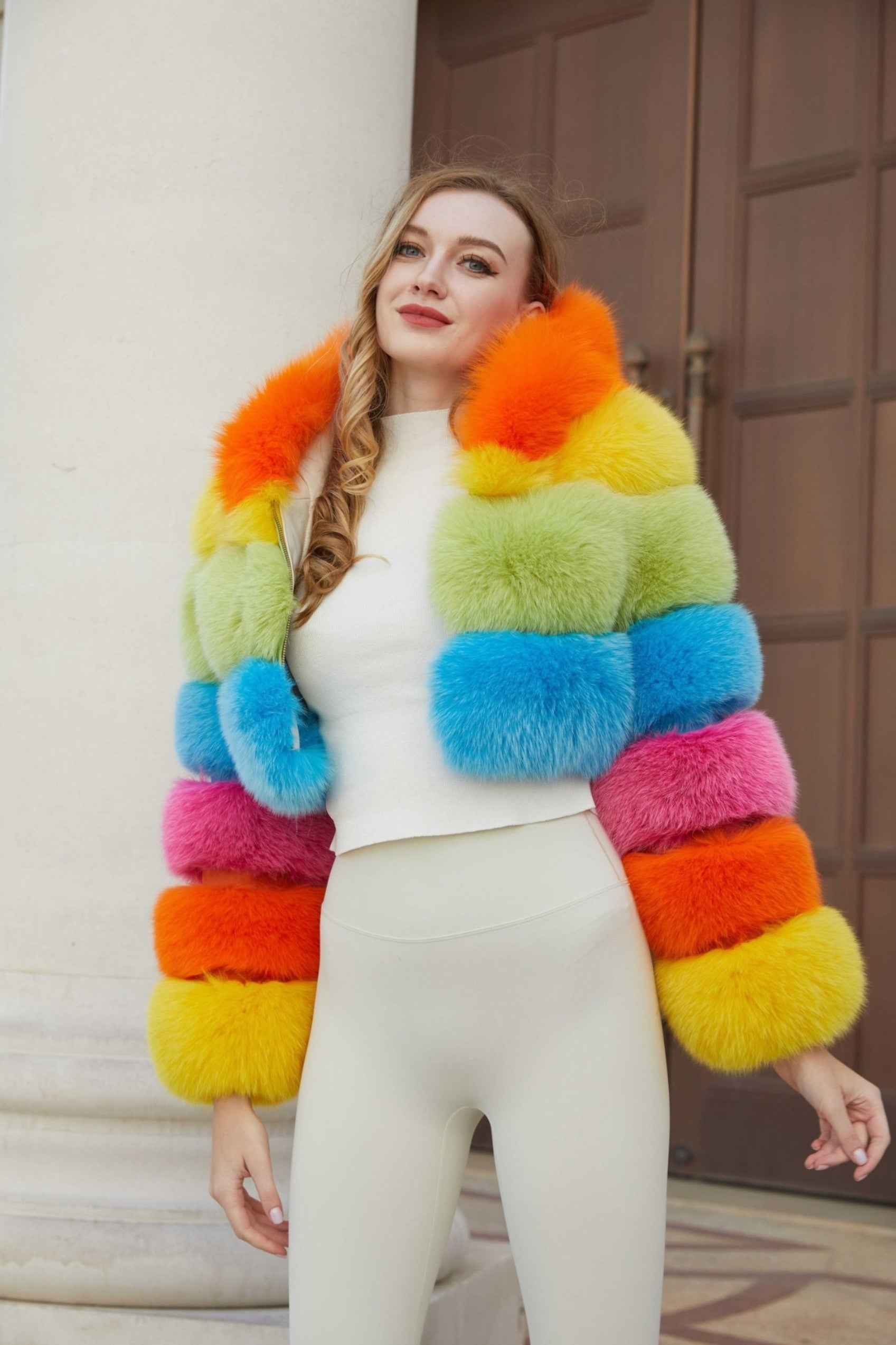New Women's Winter Rainbow Fox Fur Hooded Coat