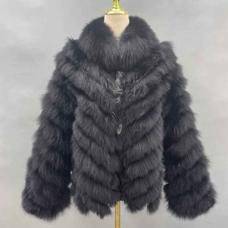 Double-Sided Fox Fur Diagonal Stripe Short Coat Black