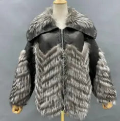 Winter Women's Oversized Sheepskin Leather Real Fox Fur Zipper Jacket
