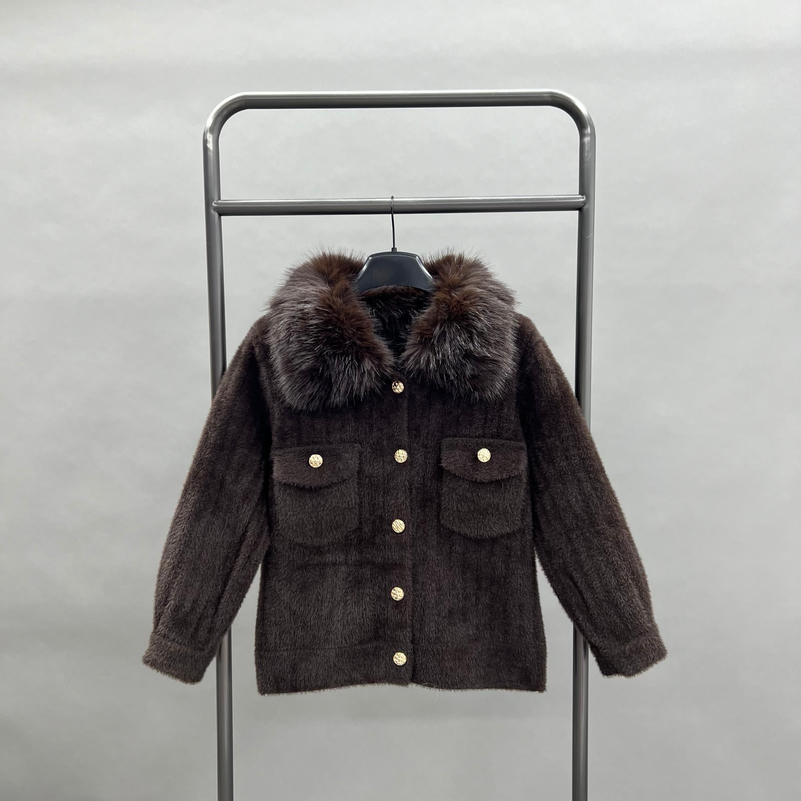 Knitted Hooded Pullover Sweatshirt Women's Trendy Sweater Brown F-chest 102cm