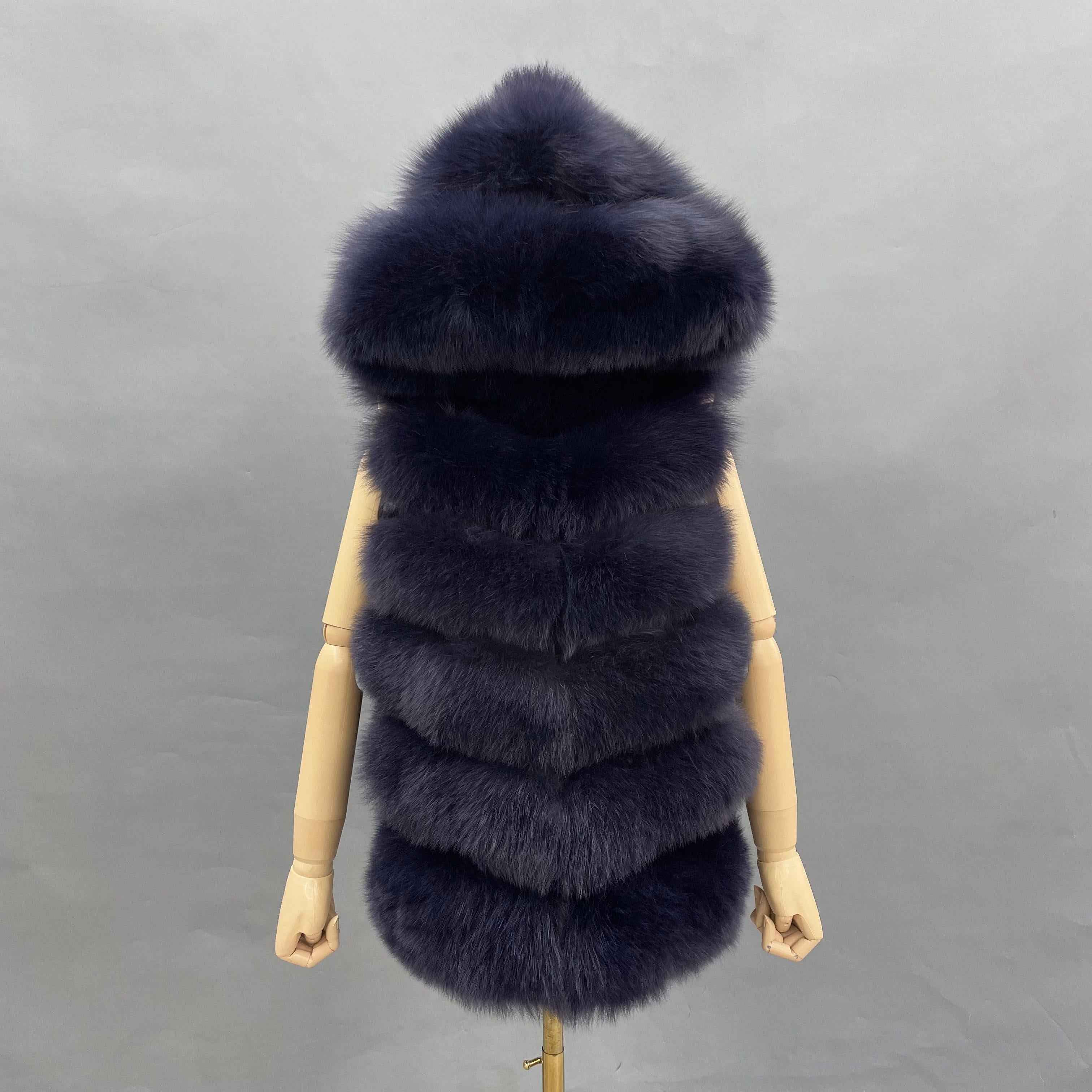 Women's 6-Panel Hooded Fox Fur Vest - Classic Versatile Winter Essential Outerwear Navy