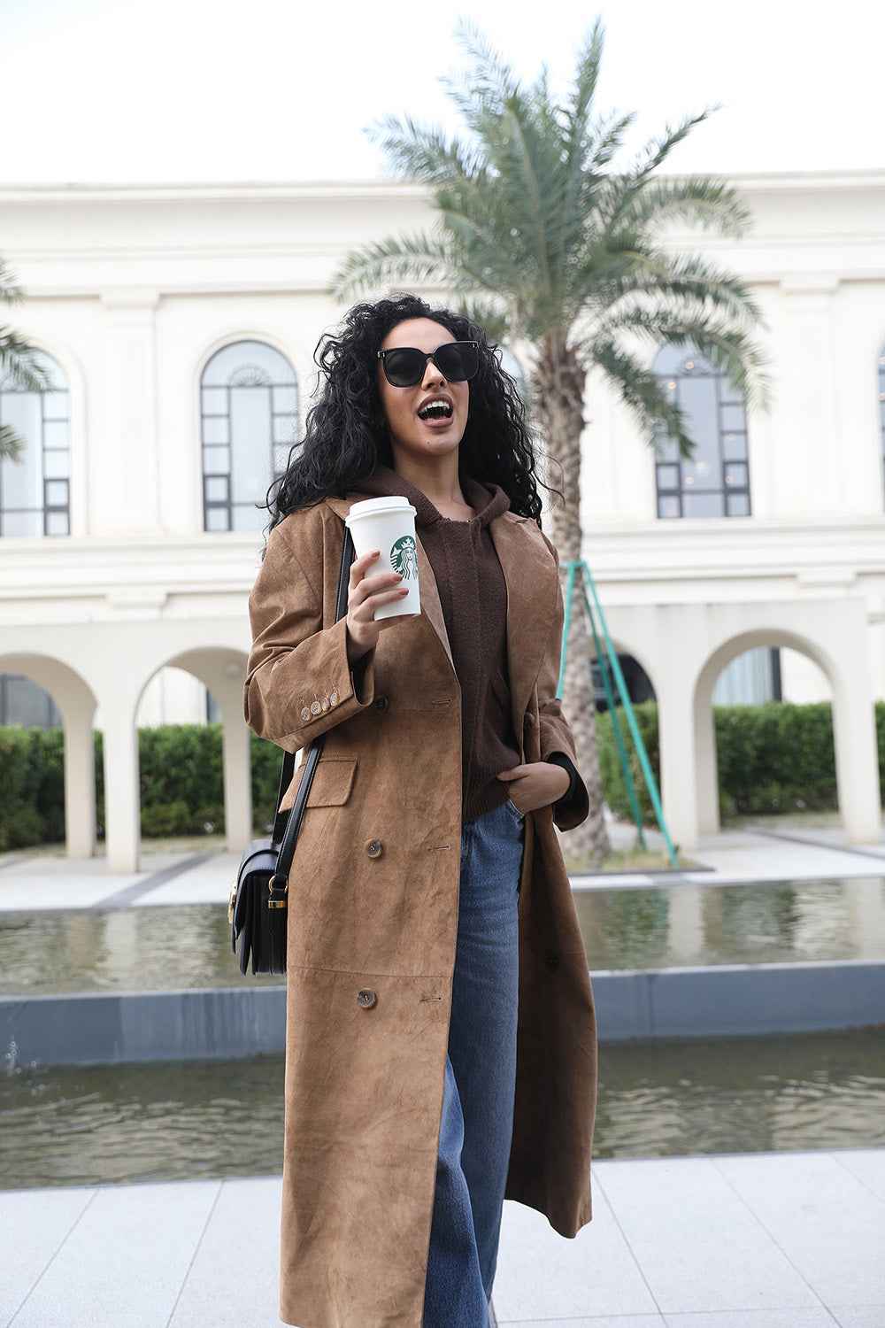 Janefur Fashion Suit Collar Double-breasted Long Camel Fake Leather Trench Coat