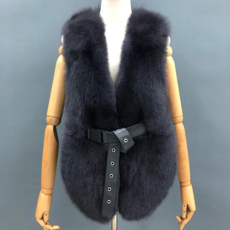 Fox Fur Vest Luxury High-quality Women's Belt Vest Navy Blue