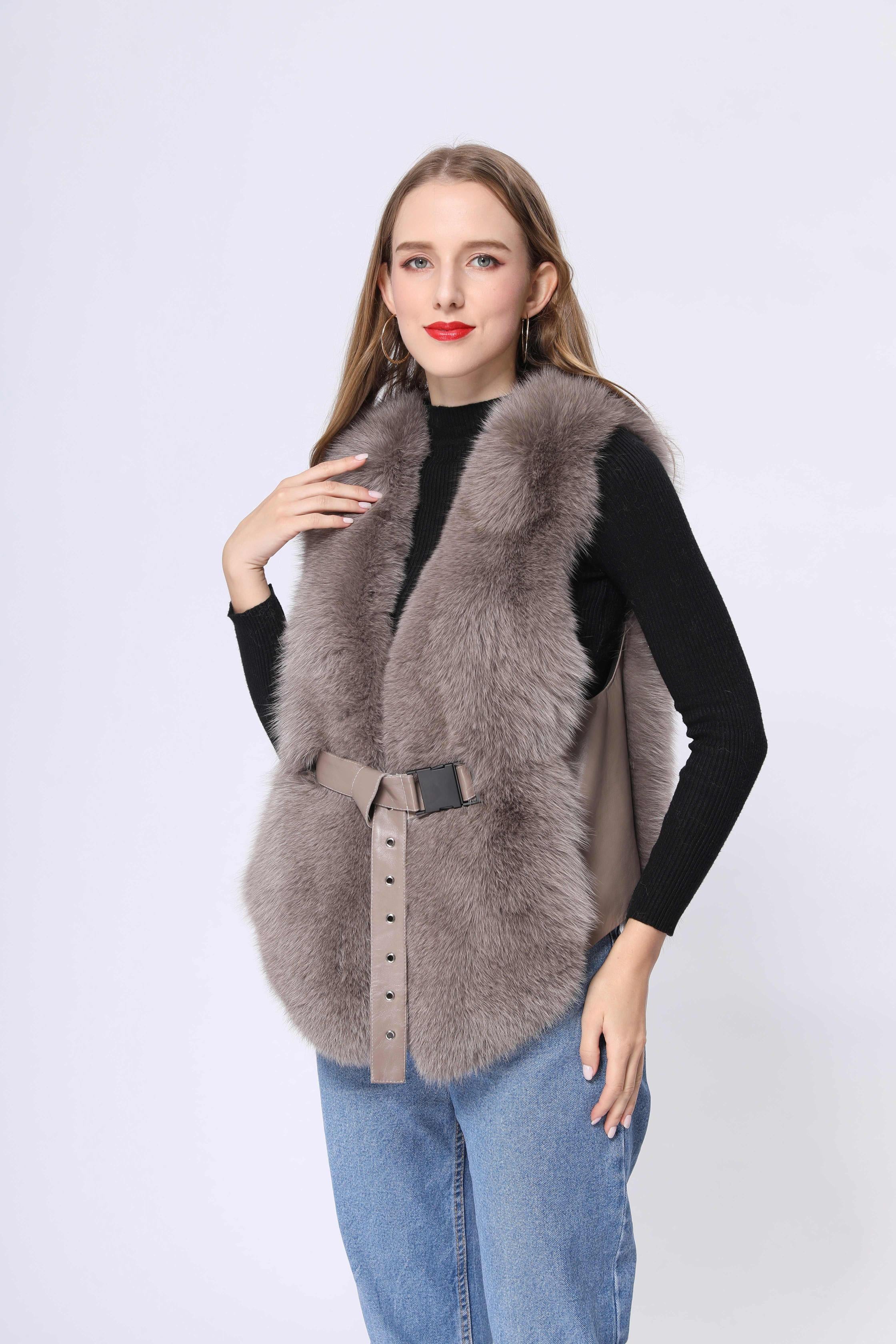 Fox Fur Vest Luxury High-quality Women's Belt Vest