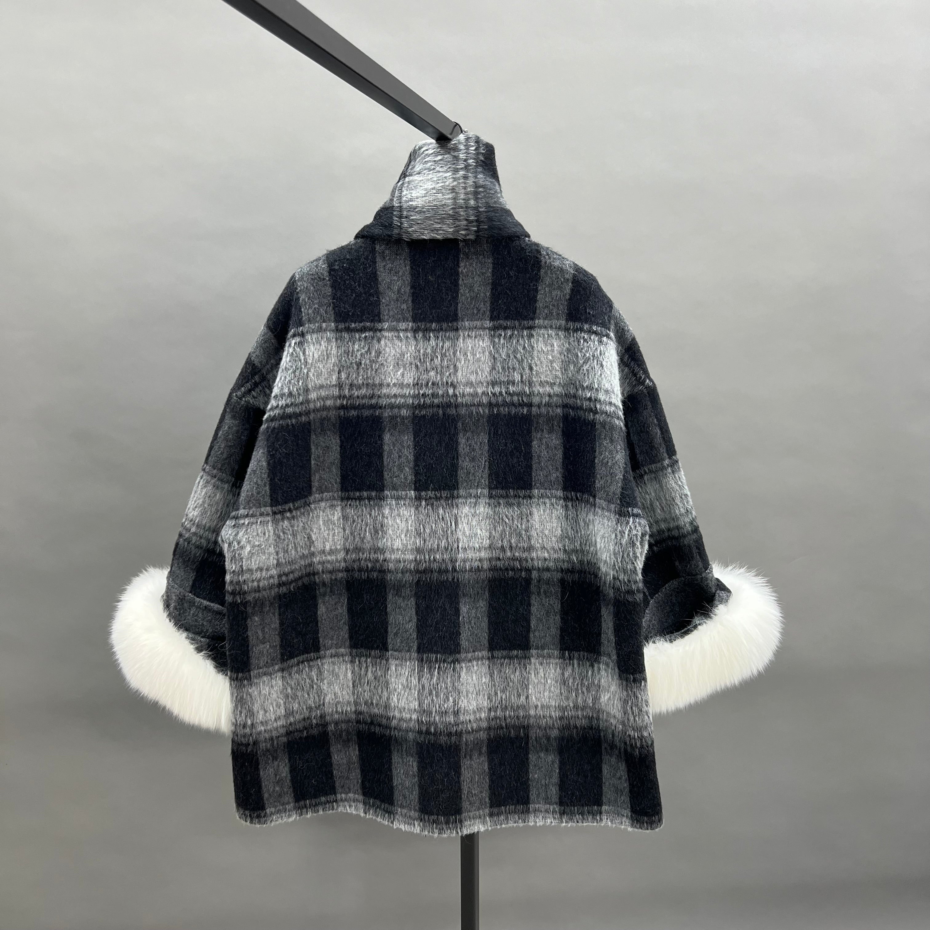 Luxury NEW Winter Wool Coat with Built-in Scarf & Real Fox Fur Cuffs – Women's Winter Plaid Overcoat