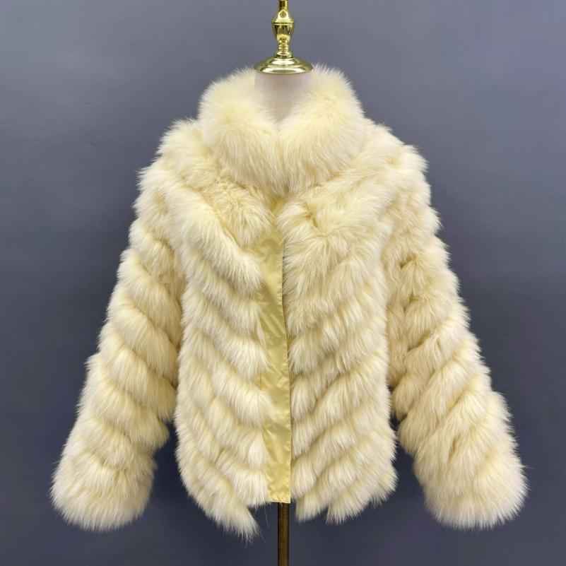 Double-Sided Fox Fur Diagonal Stripe Short Coat Yellow