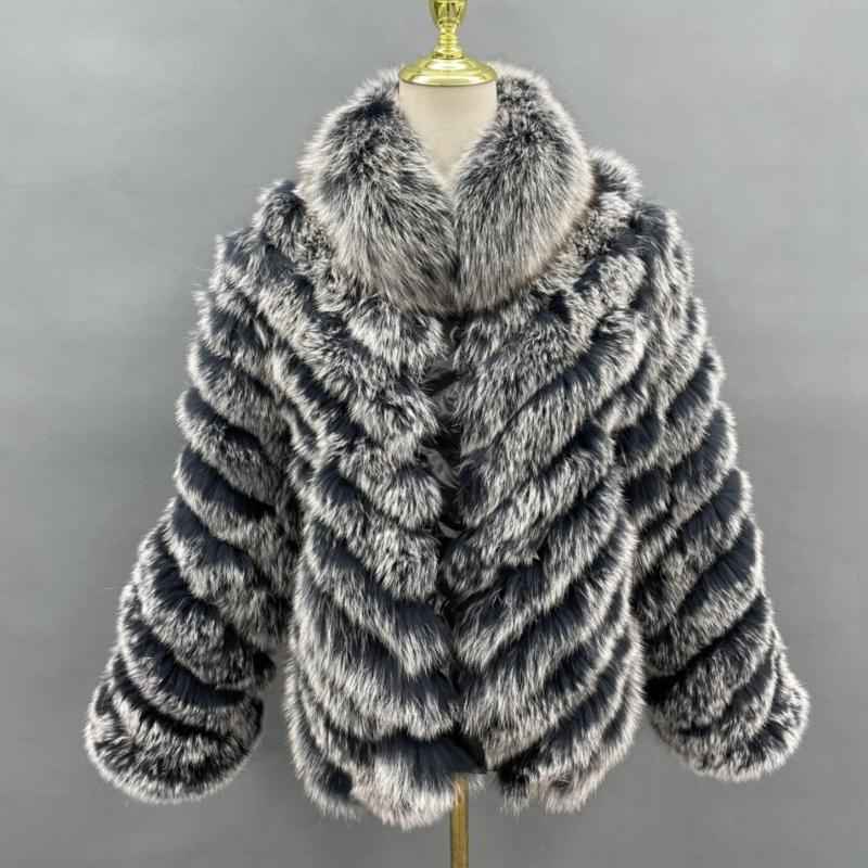 Double-Sided Fox Fur Diagonal Stripe Short Coat Black white