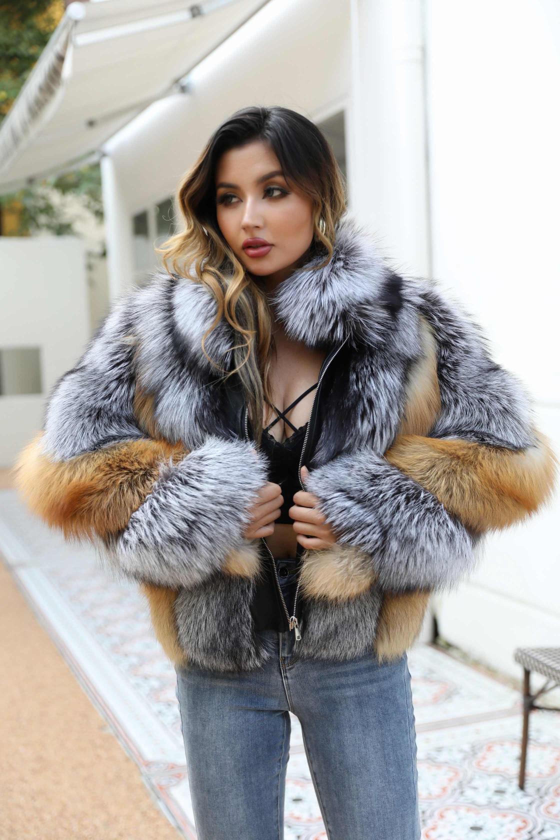 Red Fox Silver Fox Mock Neck Zipper Winter Women's Clothing Color matching