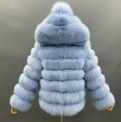 Fashion Women's Solid Color Real Fox Fur Warm Coat With Hat Blue