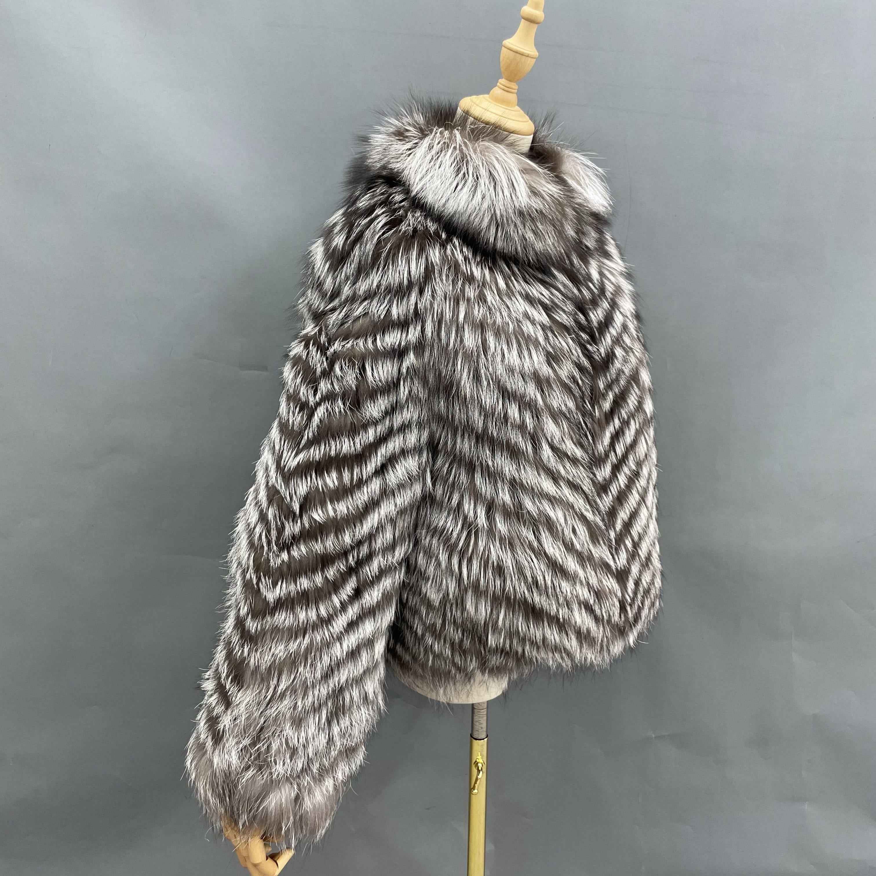 Women's Luxury Silver Fox Fur Jacket - Notched Lapel Chevron Stripe Cropped Winter Fashion Outerwear