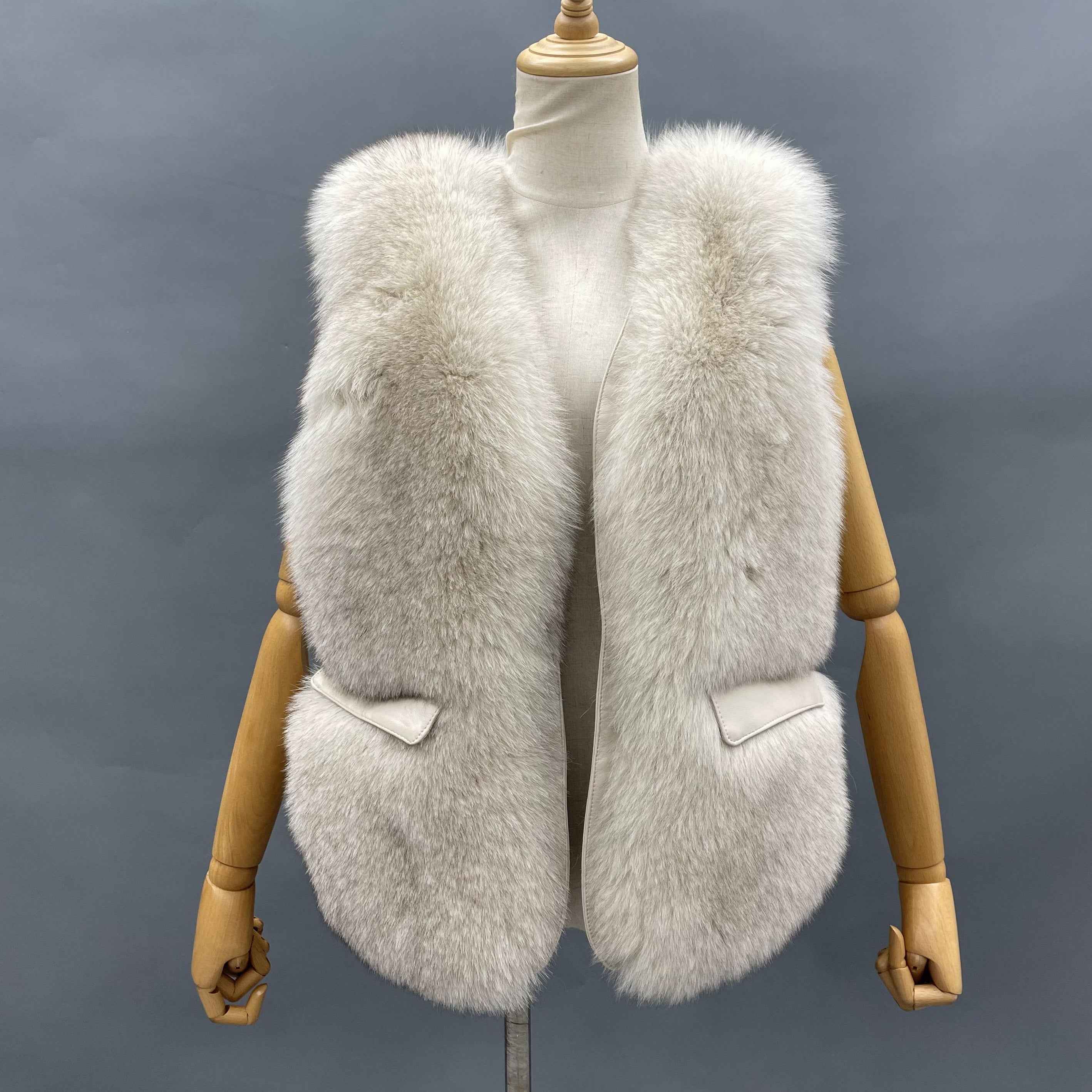 Women's Luxury Fox Fur Vest with Leather Flap Pockets - Chic Winter Must-Have Statement Outerwear White