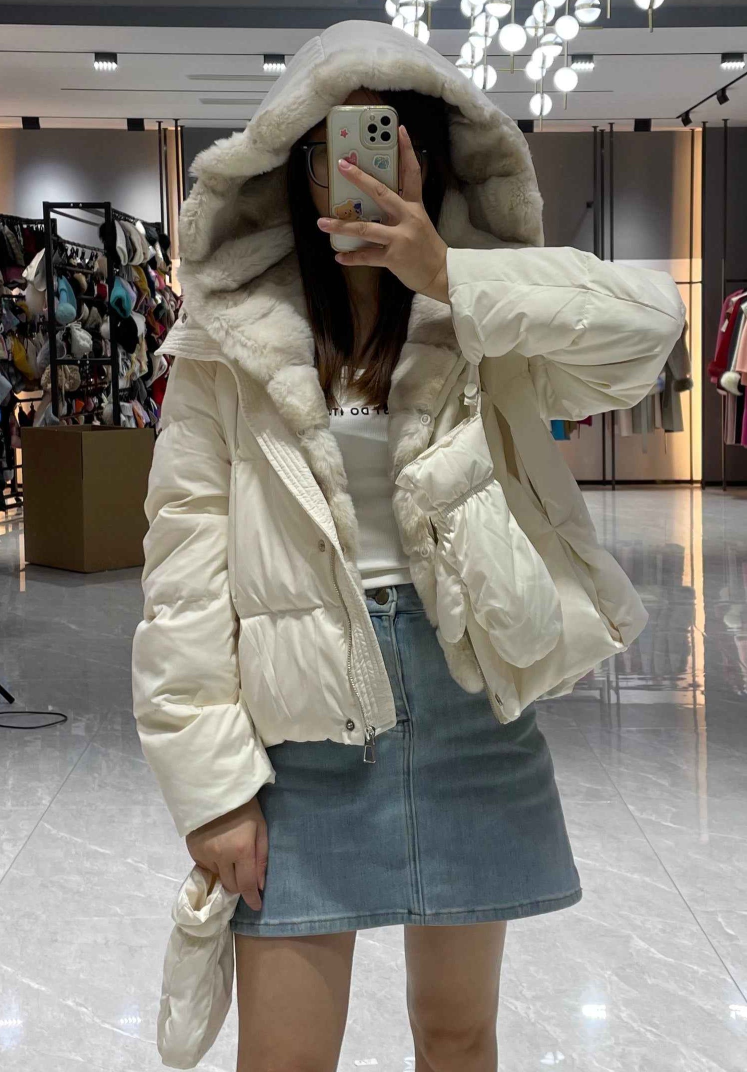 Women's Down Jacket with Removable Rabbit Fur Lined Hood & Front, Detachable Gloves Included White