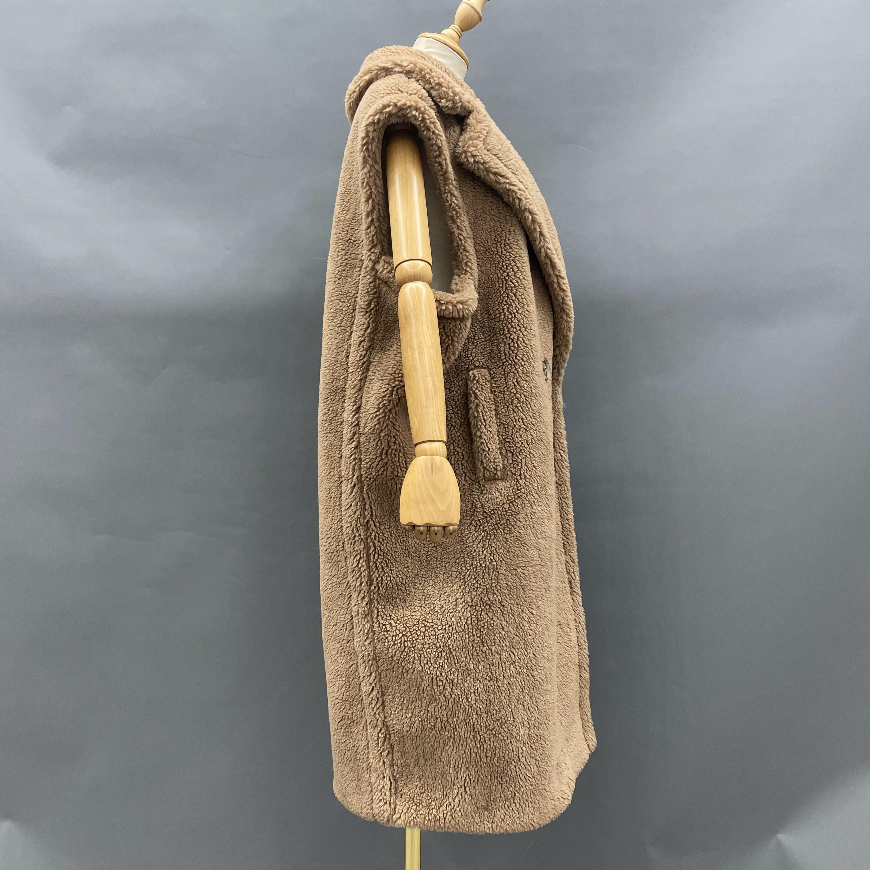 Women's Tan Long Teddy Fleece Vest with Double-Breasted Notched Lapel - Stylish Winter Outerwear