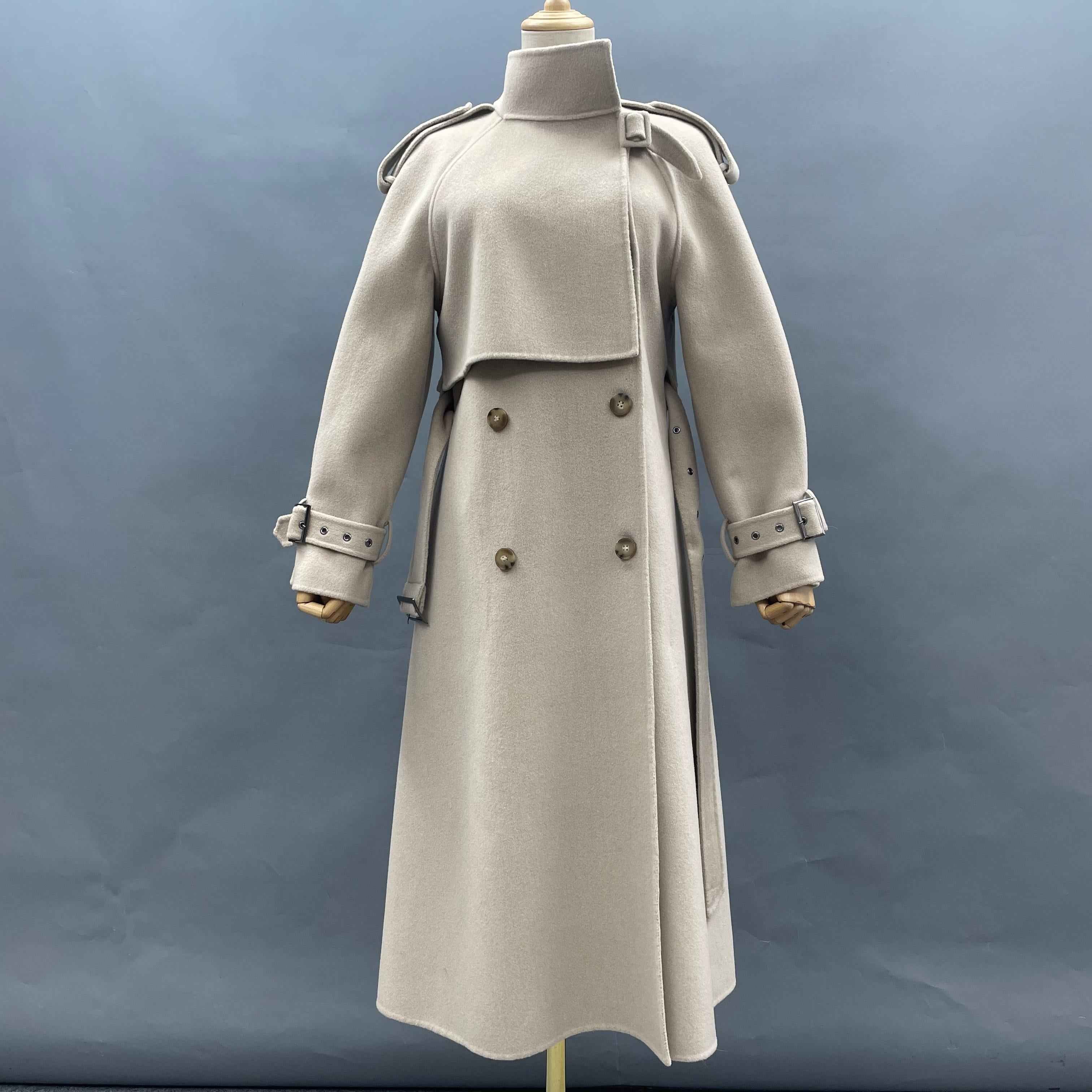Elegant Double-Breasted Cashmere Trench Coat – Long Wool Blend Overcoat for Women Beige