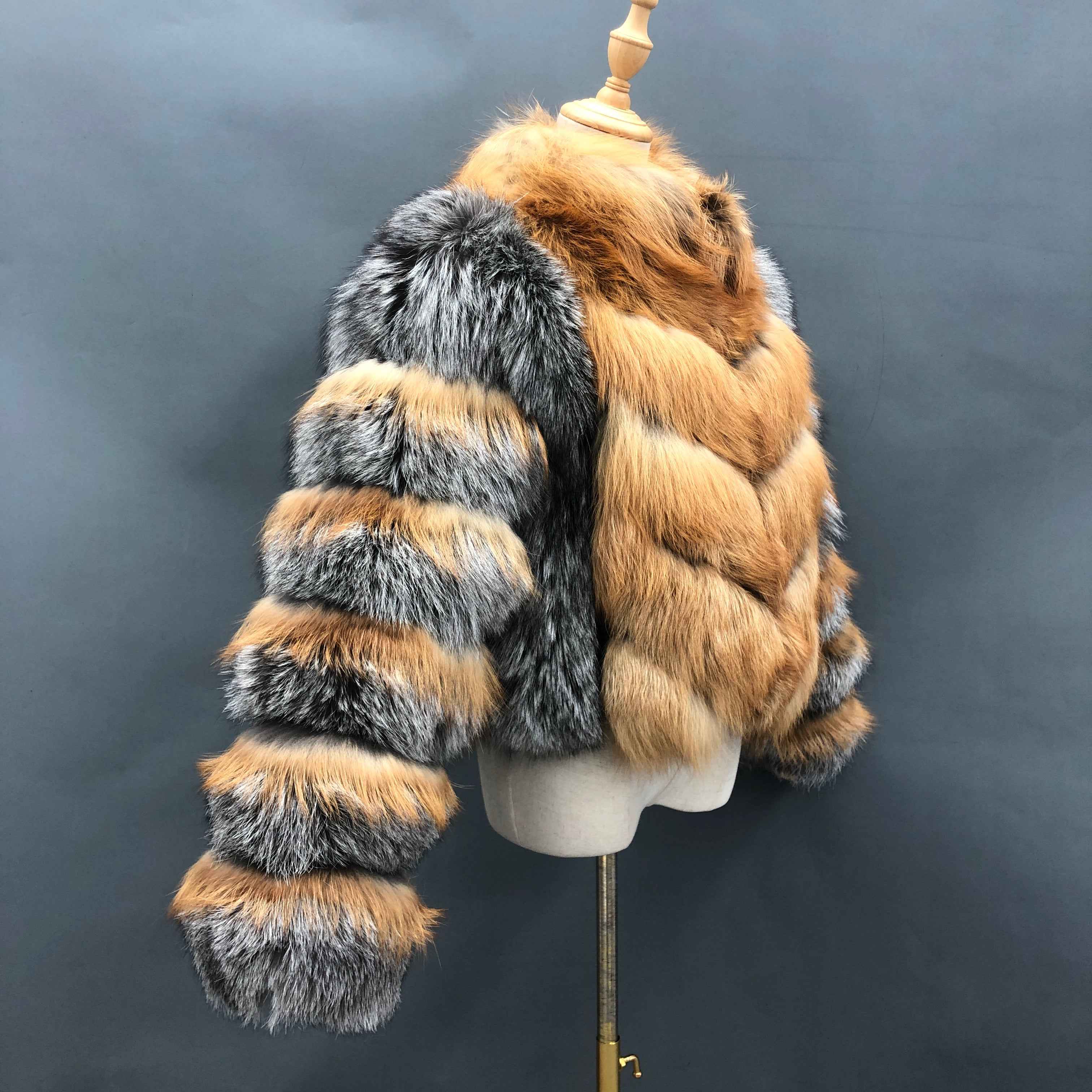 Women's Luxury Red & Silver Fox Fur Cropped Jacket - Chevron Stripe Design Winter Warm Fashion Outerwear