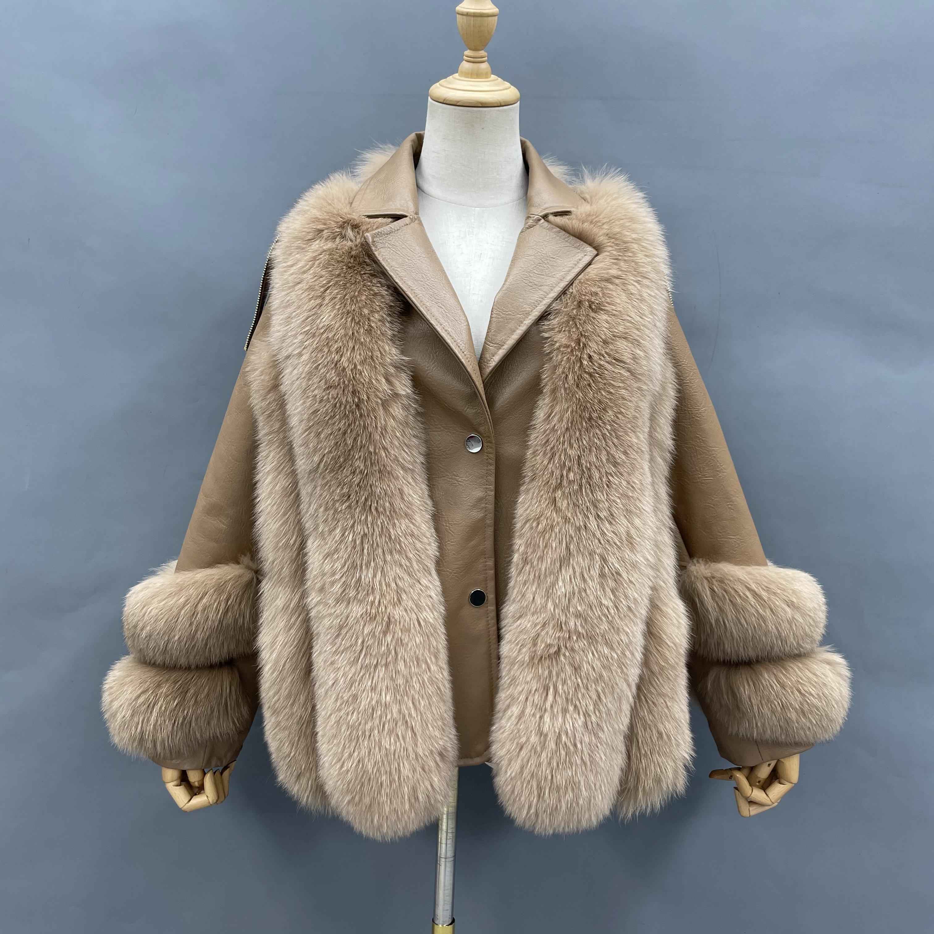Women's Luxury Fox Fur & Leather Patchwork Jacket - Notched Lapel with Fur-Cuffed Sleeves & Shoulder Strap Detail Winter Fashion Outerwear Camle
