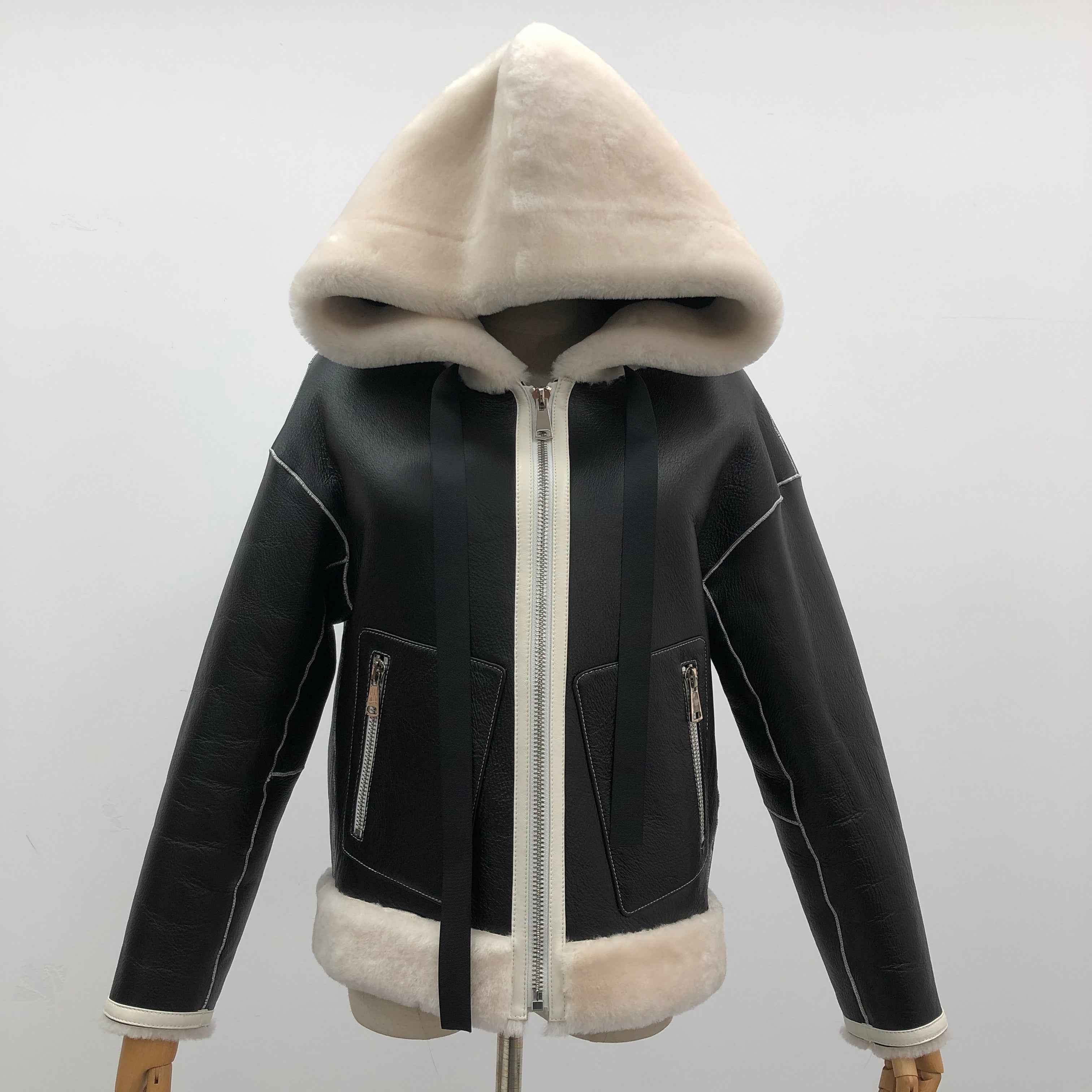 Women's Casual Hooded Shearling Leather Jacket with Contrast Fur Trim - Luxe Casual Outerwear Black